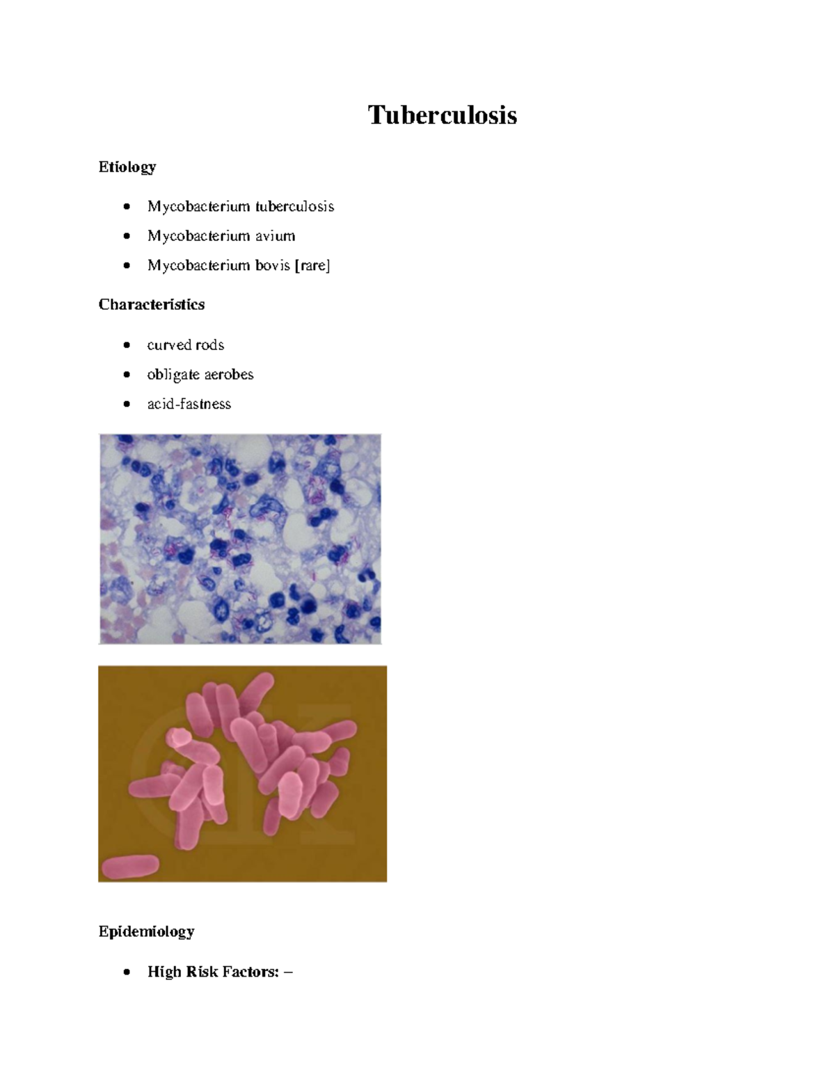 Tuberculosis - Lecture notes 1 - Tuberculosis Etiology Mycobacterium ...