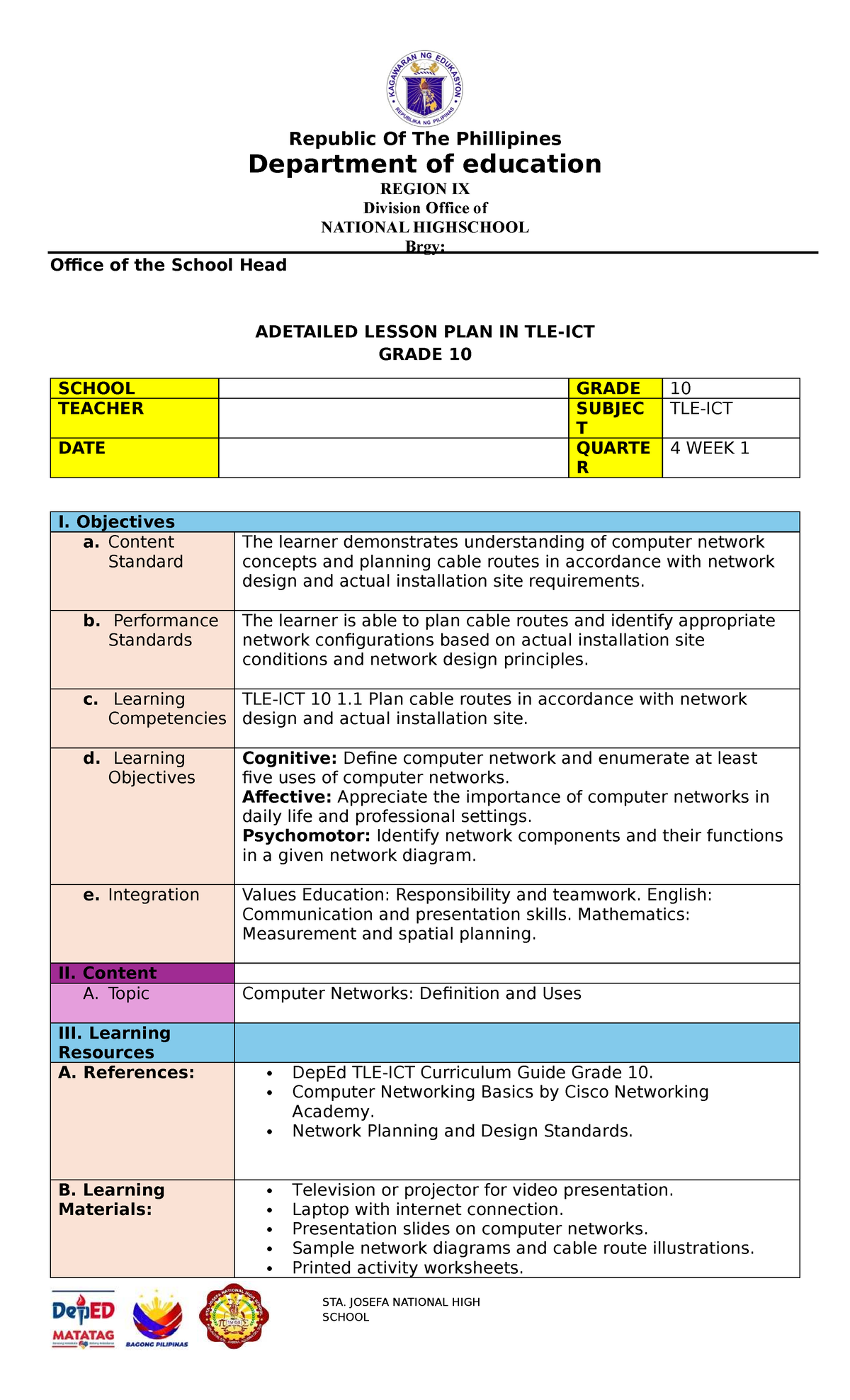 TLE-ICT Q4 WEEK 1 - Detailed Lesson Plan on Computer Networks - Studocu