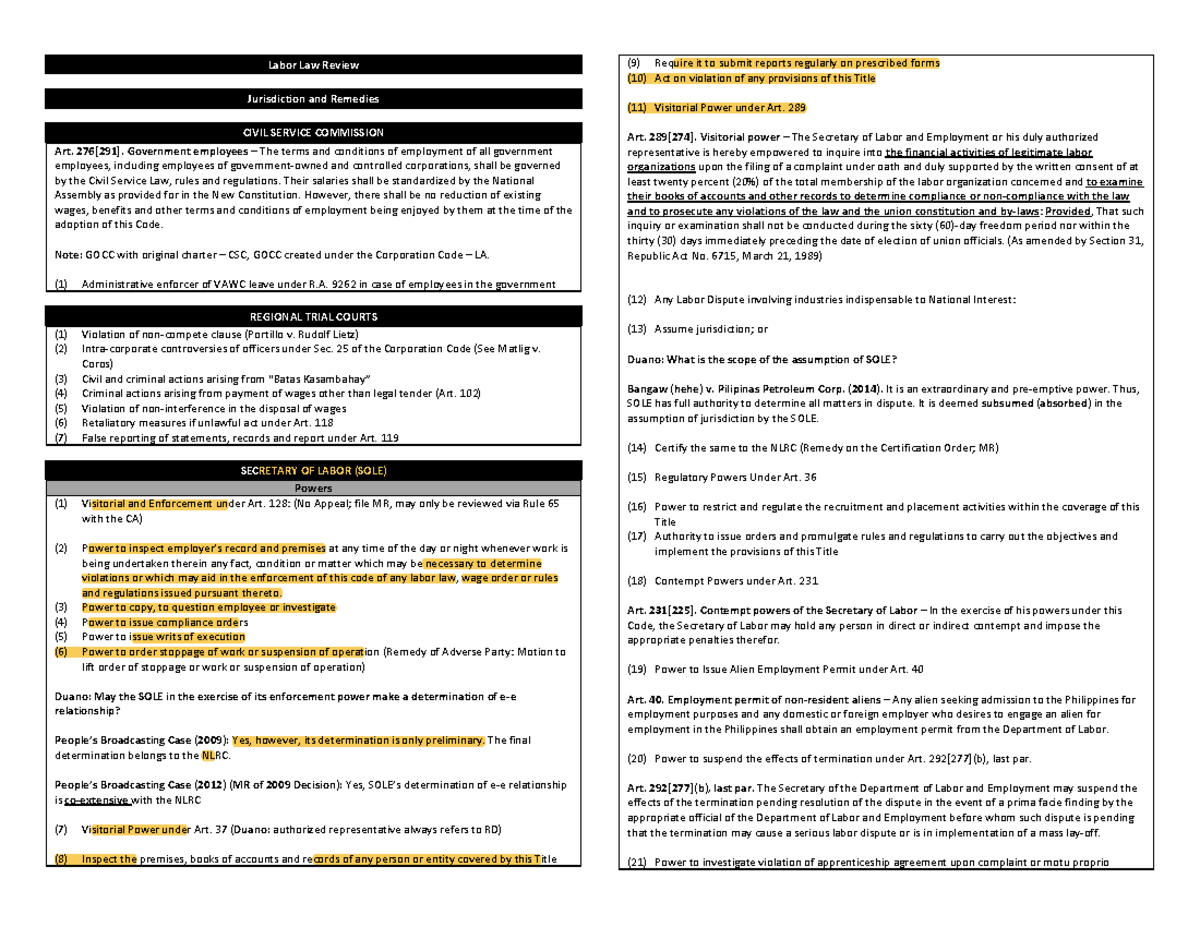 Labor Law Review: Jurisdiction and Remedies Overview (CIVIL SERVICE ...