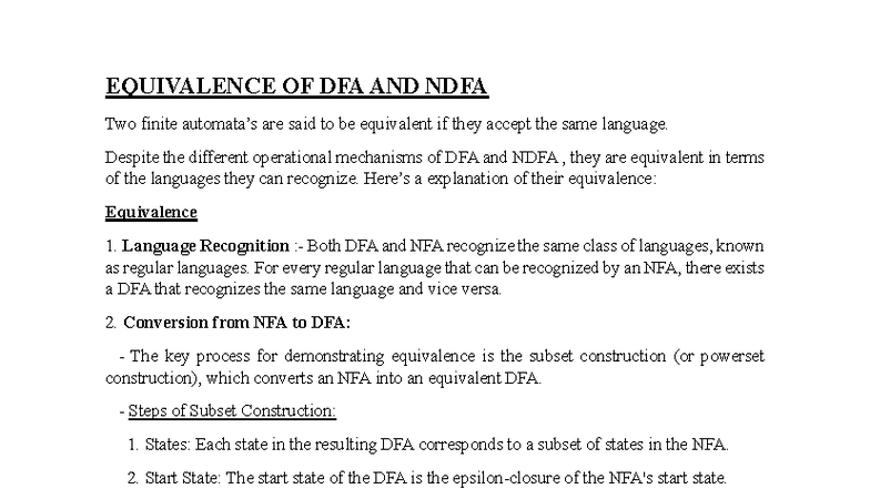 EQUIVALENCE OF DFA AND NDFA: Language Recognition and Conversion - Studocu