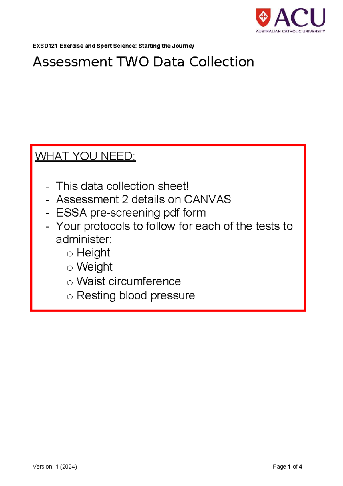 EXSD121 Sem1 Assessment 2: Data Collection Sheet for Exercise Science ...