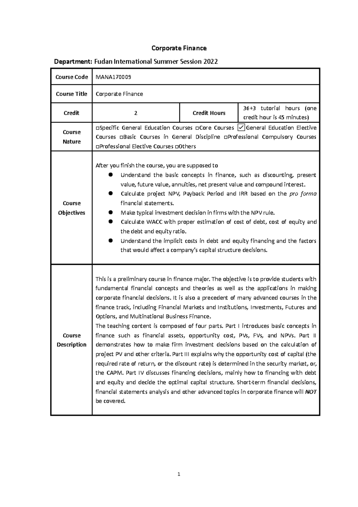 MANA170009 Syllabus - Corporate Finance - Studocu