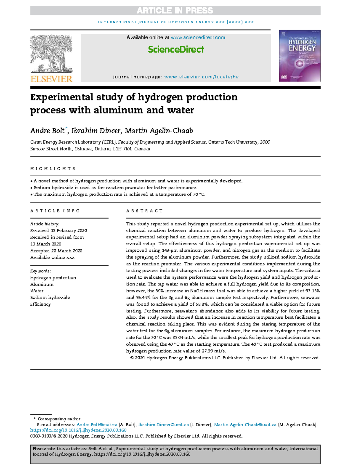 Experimental study of hydrogen production with aluminum and water - Studocu
