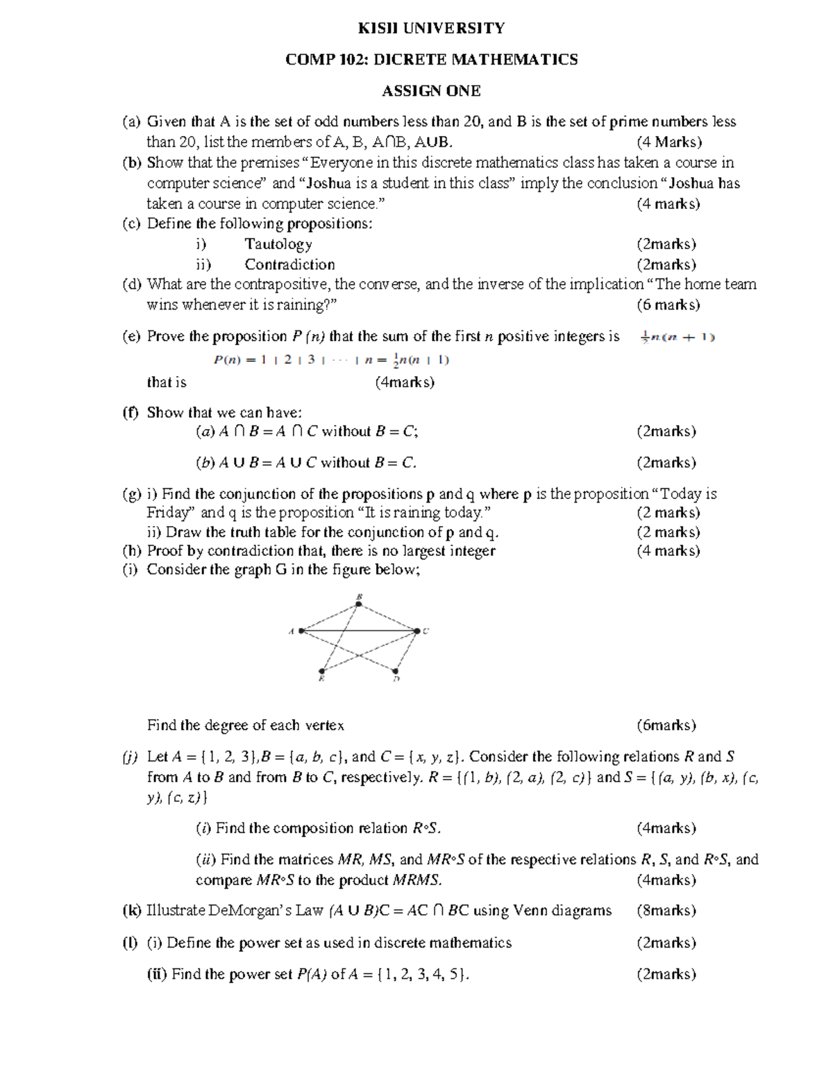 COMP 102 Discrete Mathematics Assignment 1 Solutions and Analysis - Studocu