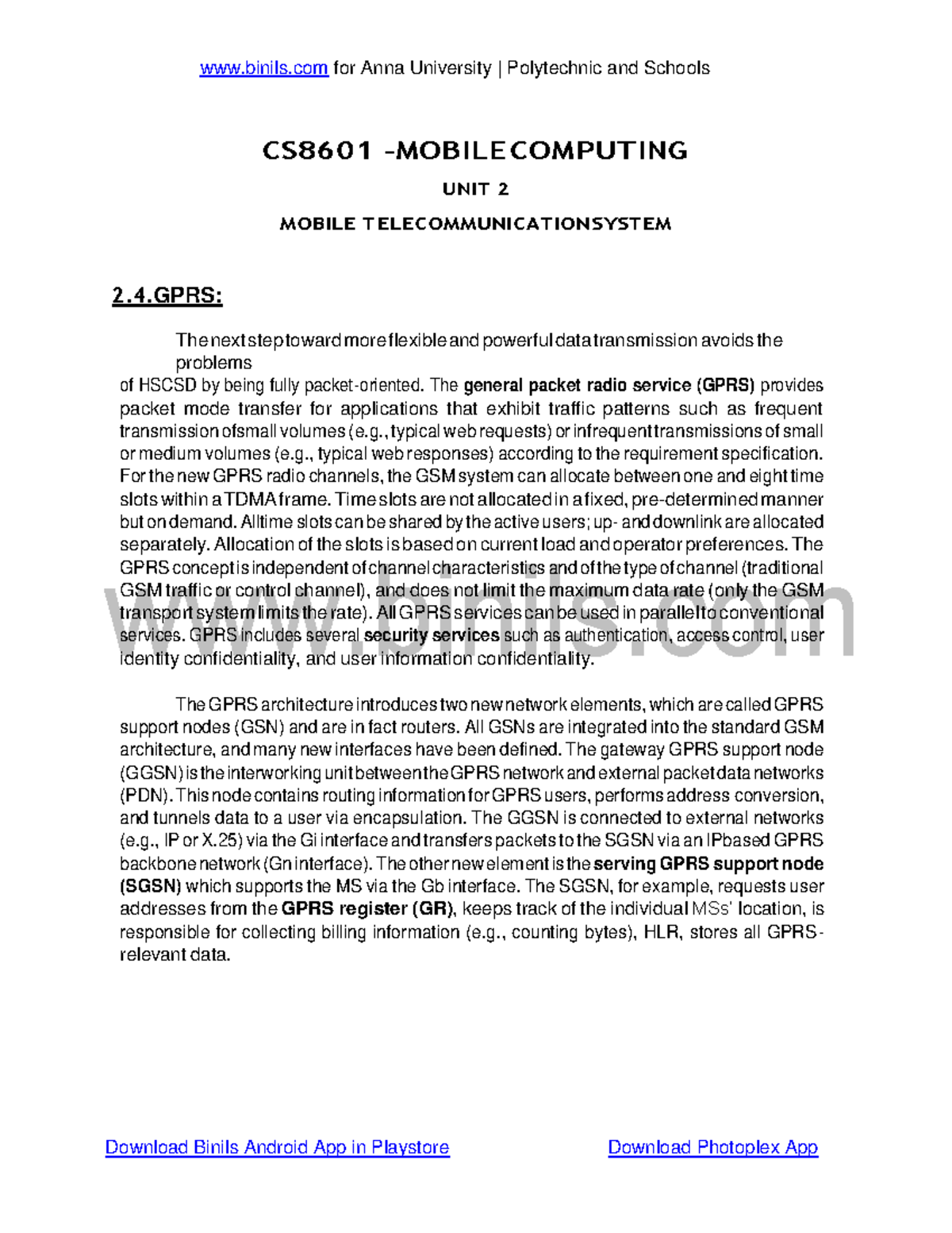 CS8601 UNIT 2 GPRS - Mobile Computing Lecture Notes on GSM Systems ...