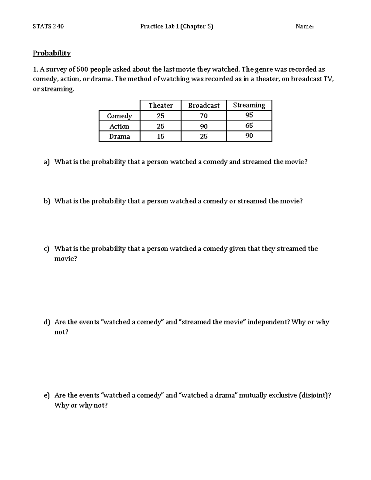 STATS 240 Practice Lab 1: Probability Analysis of Movie Genres - Studocu