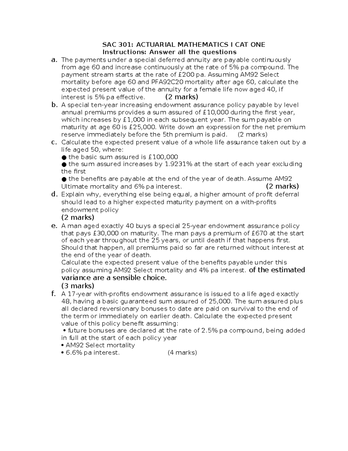 Actuarial mathematics - SAC 301: ACTUARIAL MATHEMATICS I CAT ONE ...