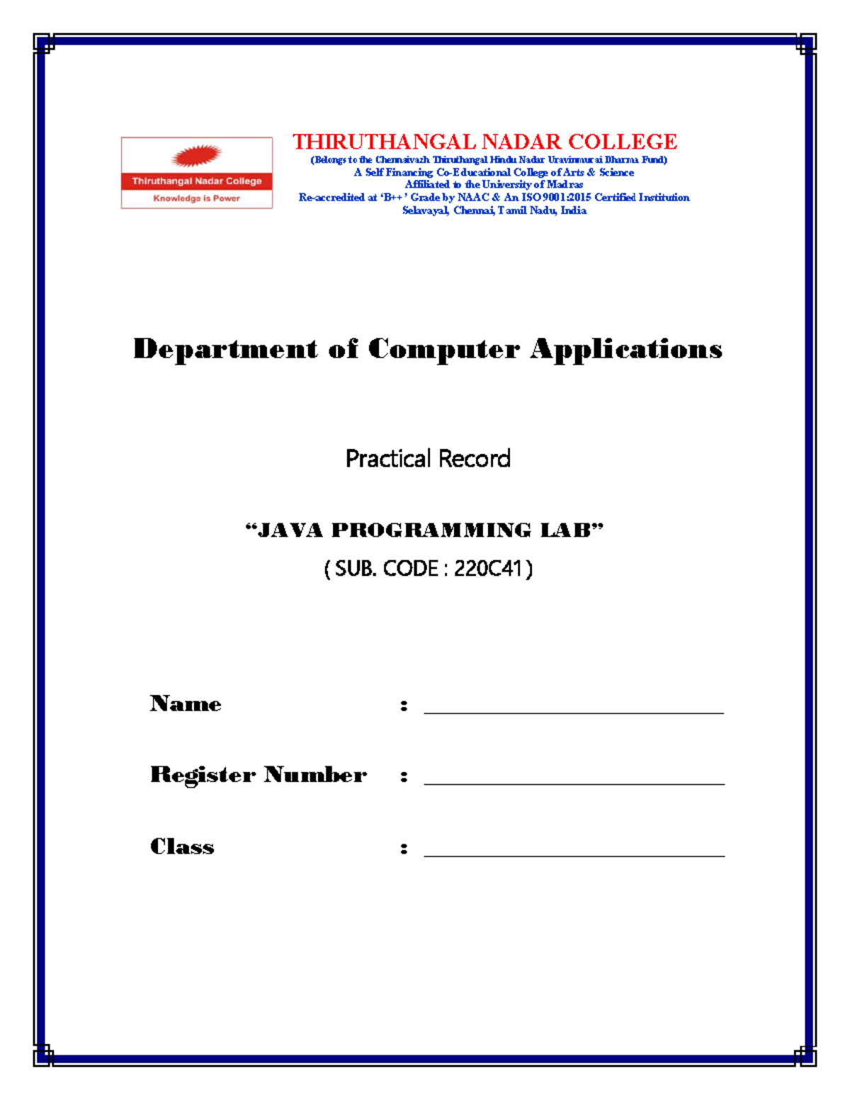 JAVA LAB Front PAGE BCA - Hhsh - Department of “JAVA Name Register ...