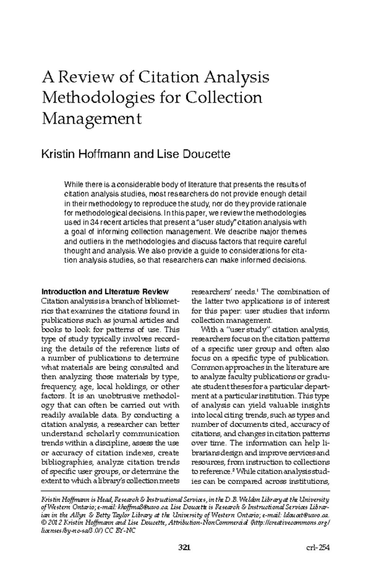 Citation Analysis Methodologies for Collection Management: A Review ...