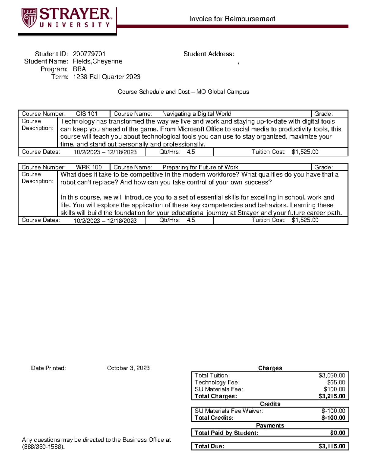 BBA Reimbursement Invoice for Fall 2023 - Student ID 200779701 - Studocu