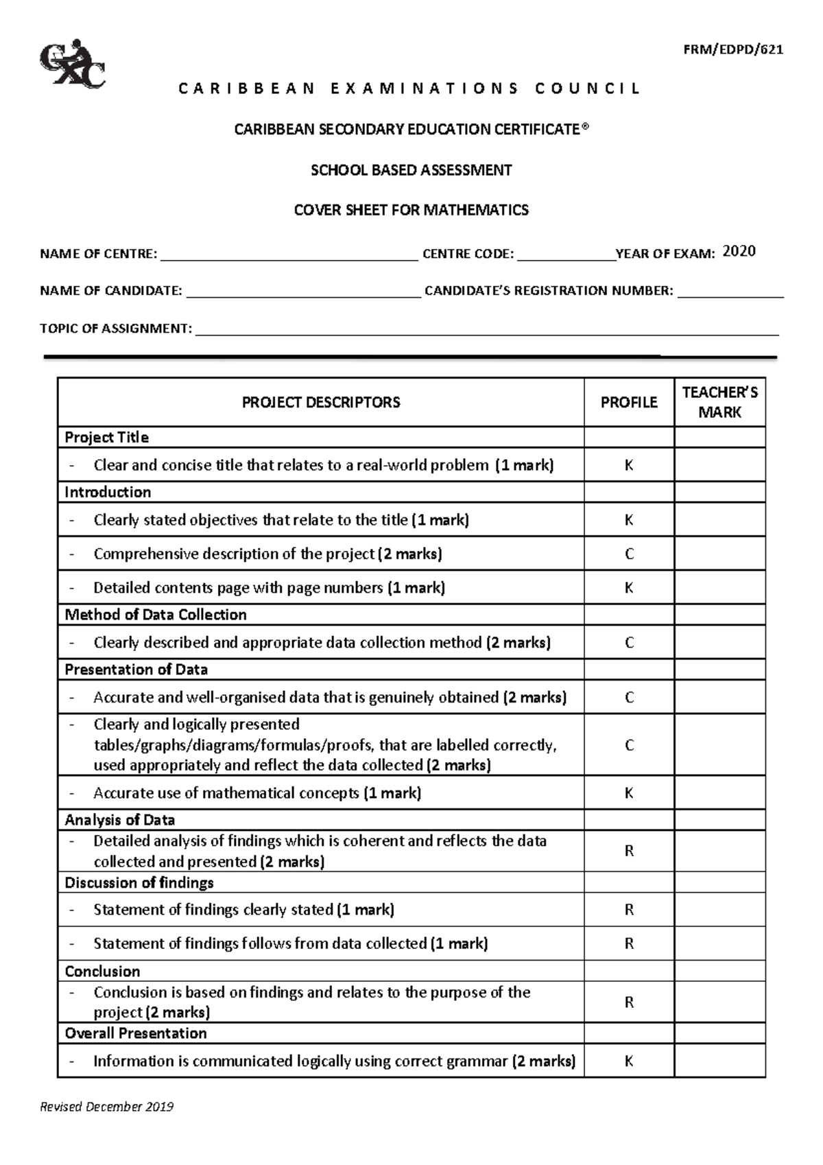 CSEC MATH 2020 School-Based Assessment Cover Sheet & Guidelines - Studocu