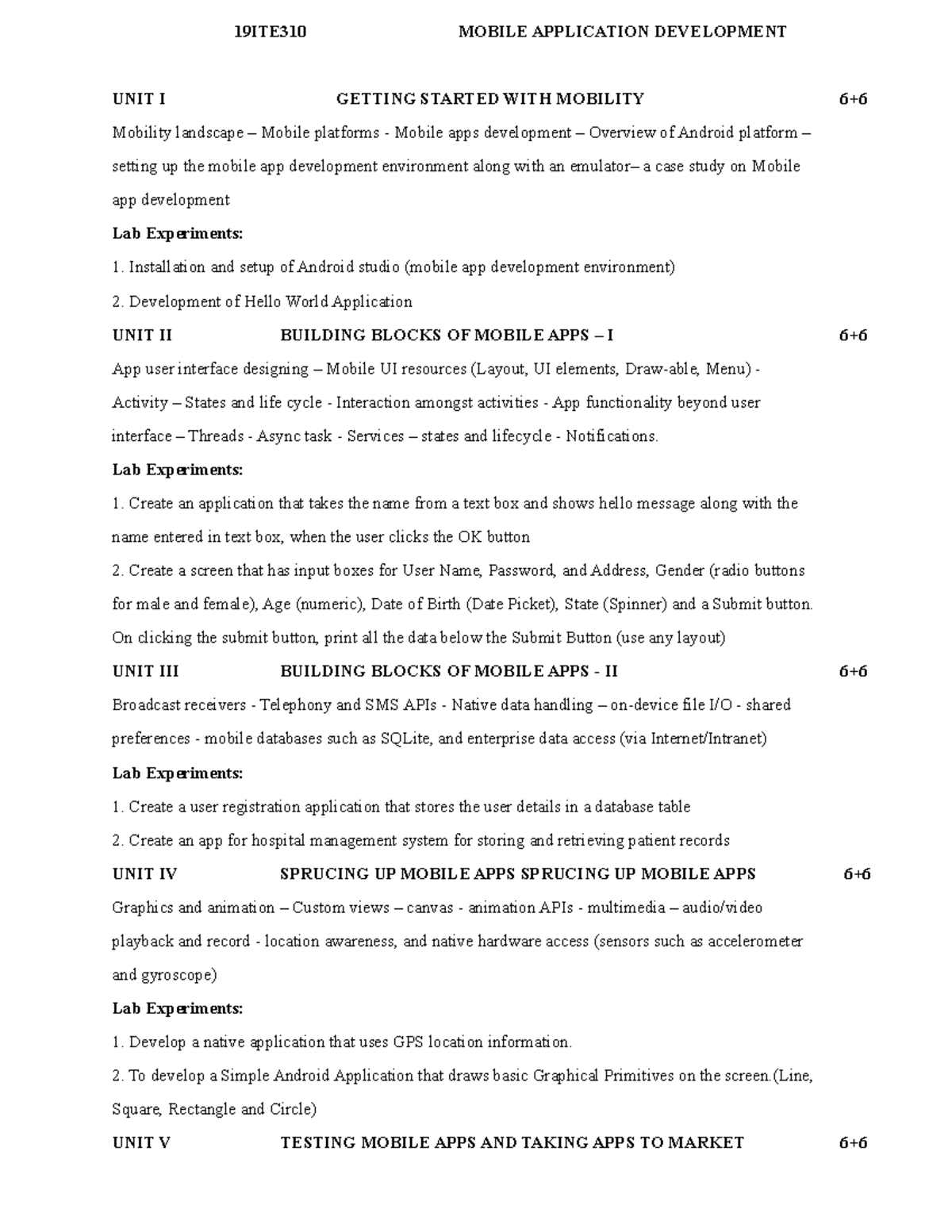 19ITE310 Mobile Application Development Syllabus and Course Overview ...