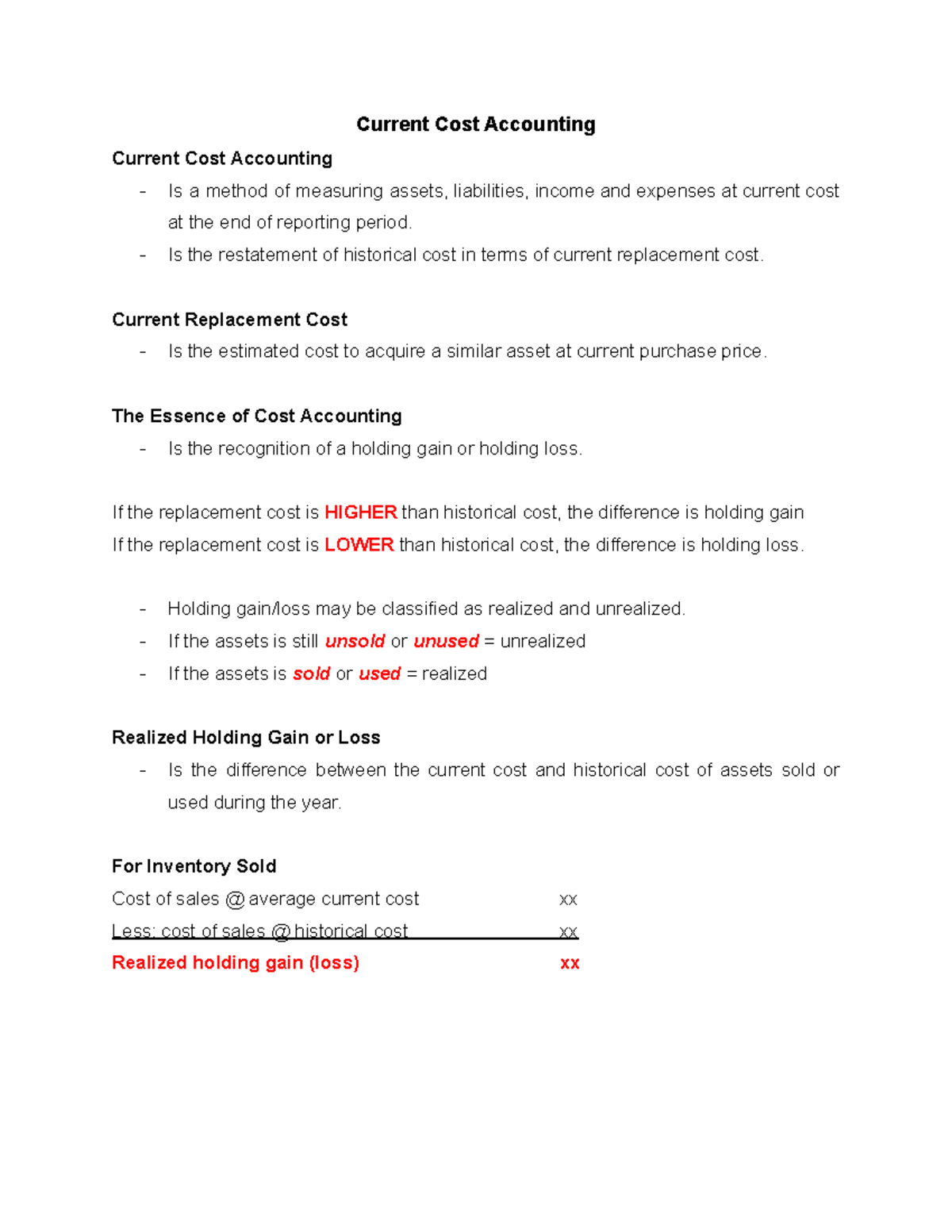 Current Cost Accounting Overview and Key Concepts - Studocu