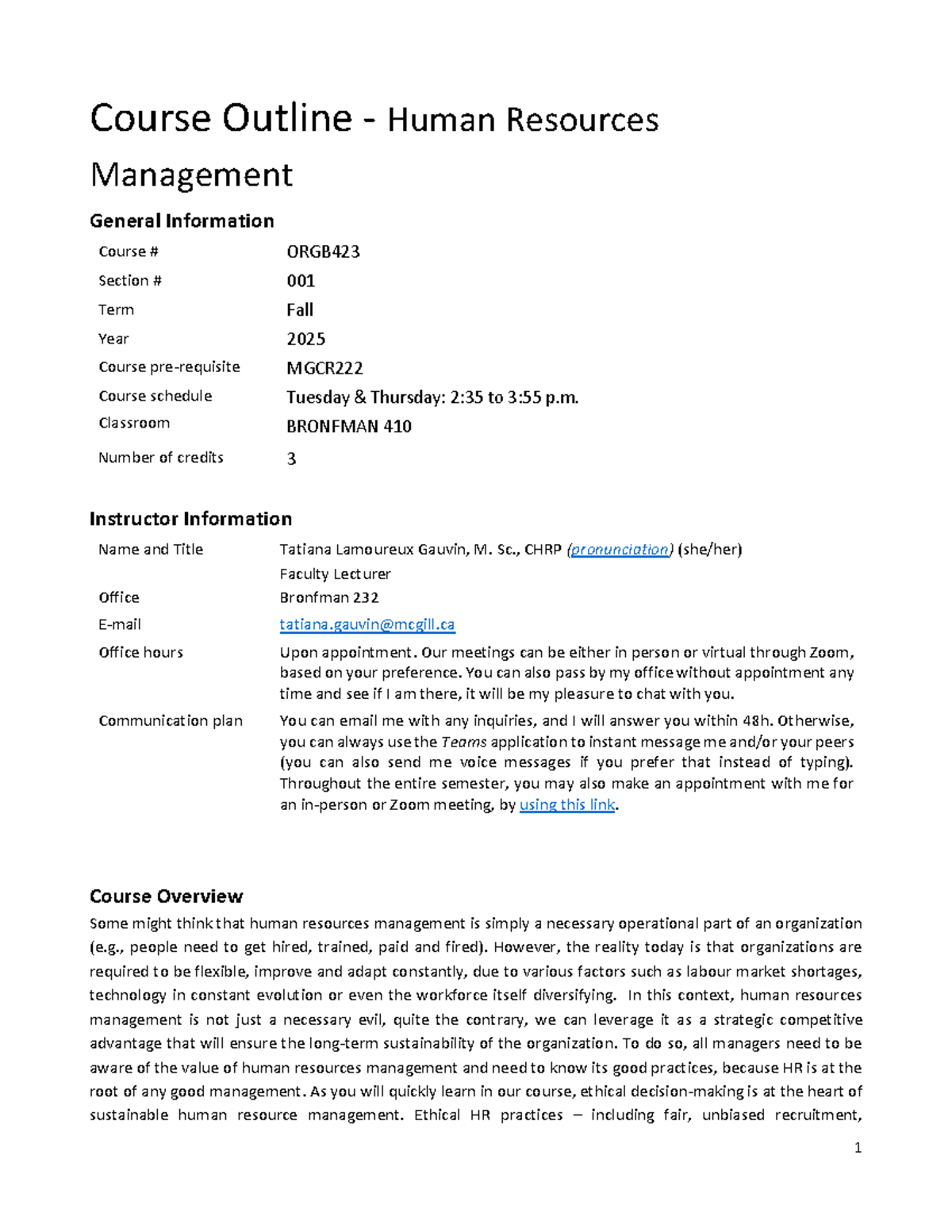 Course Outline: ORGB423 Human Resources Management - Fall 2025 - Studocu
