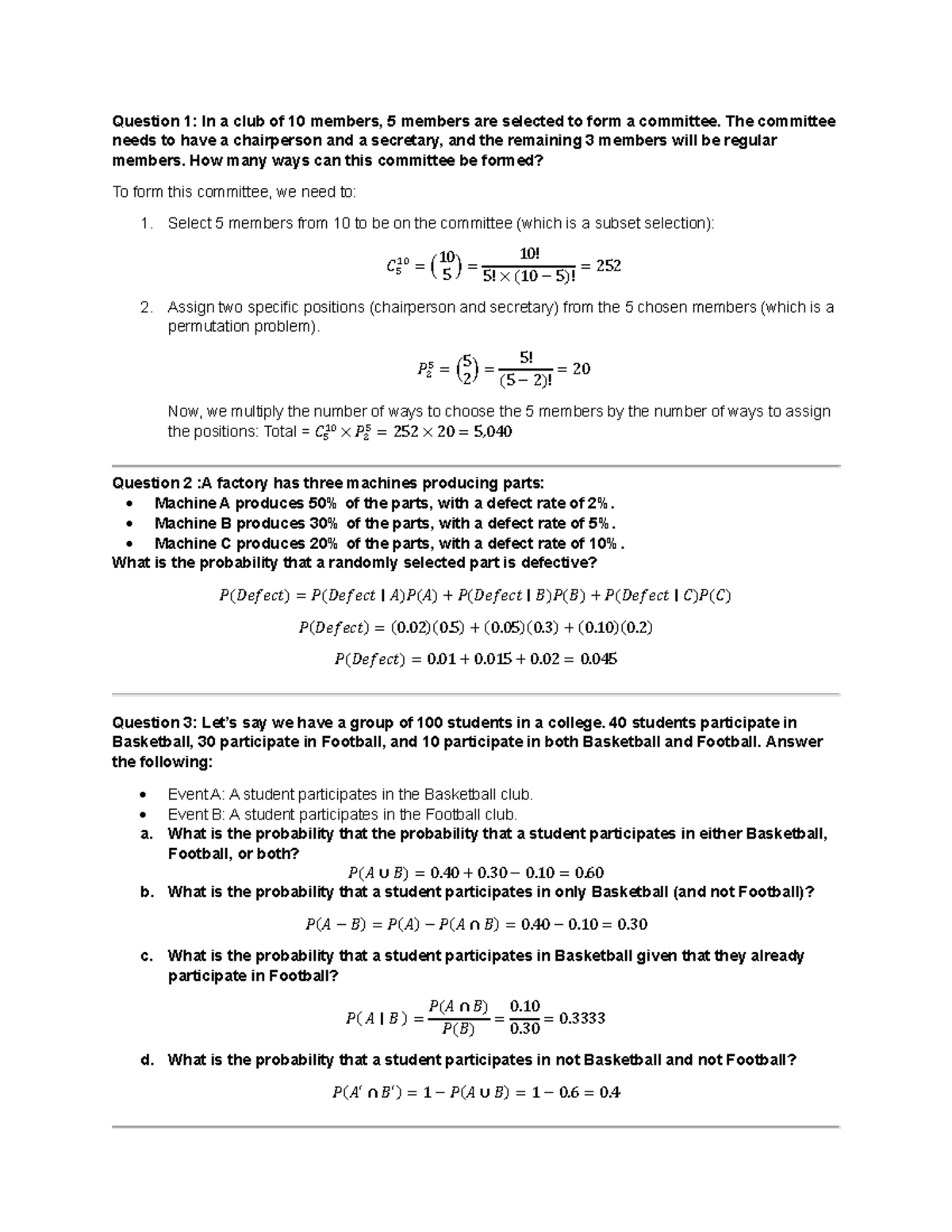 Probability and Combinatorics Questions with Solutions (STAT101 ...