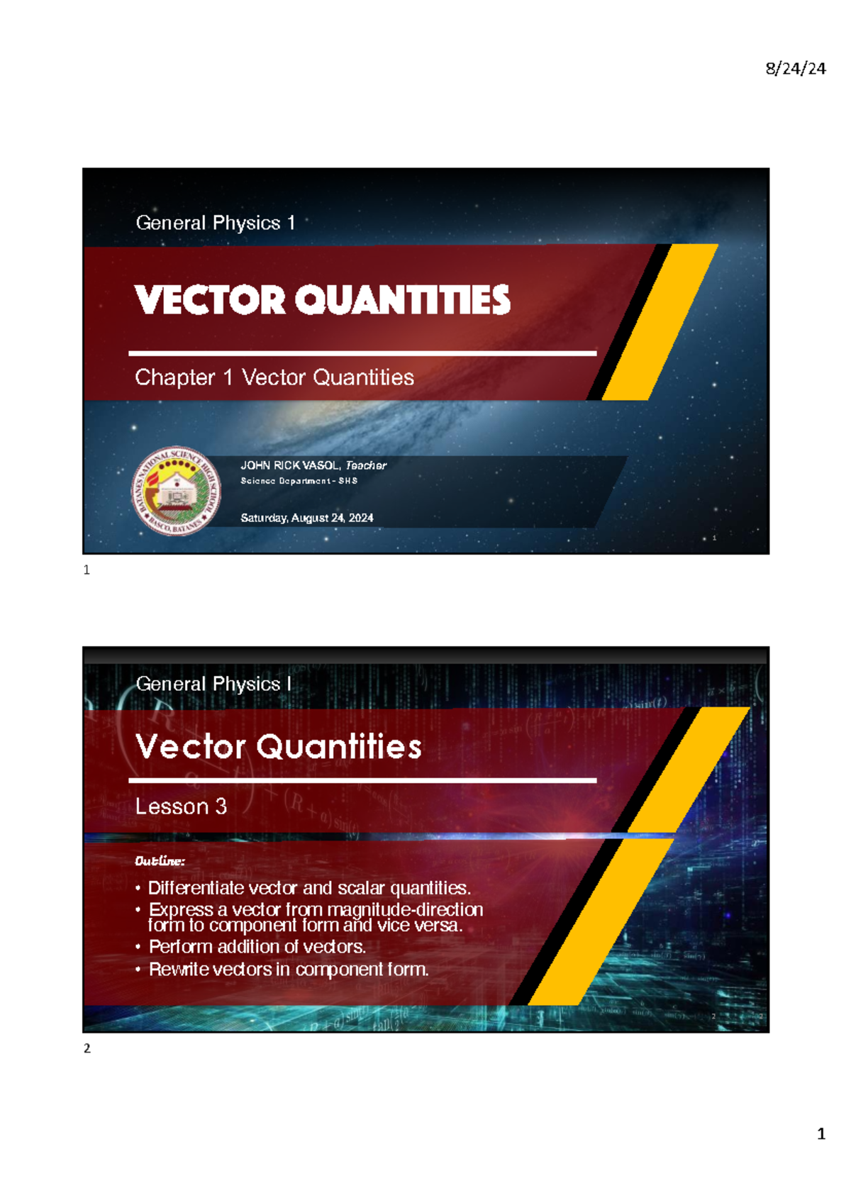 General Physics I (PHYS101) Vector Quantities Lesson 3 Overview - Studocu