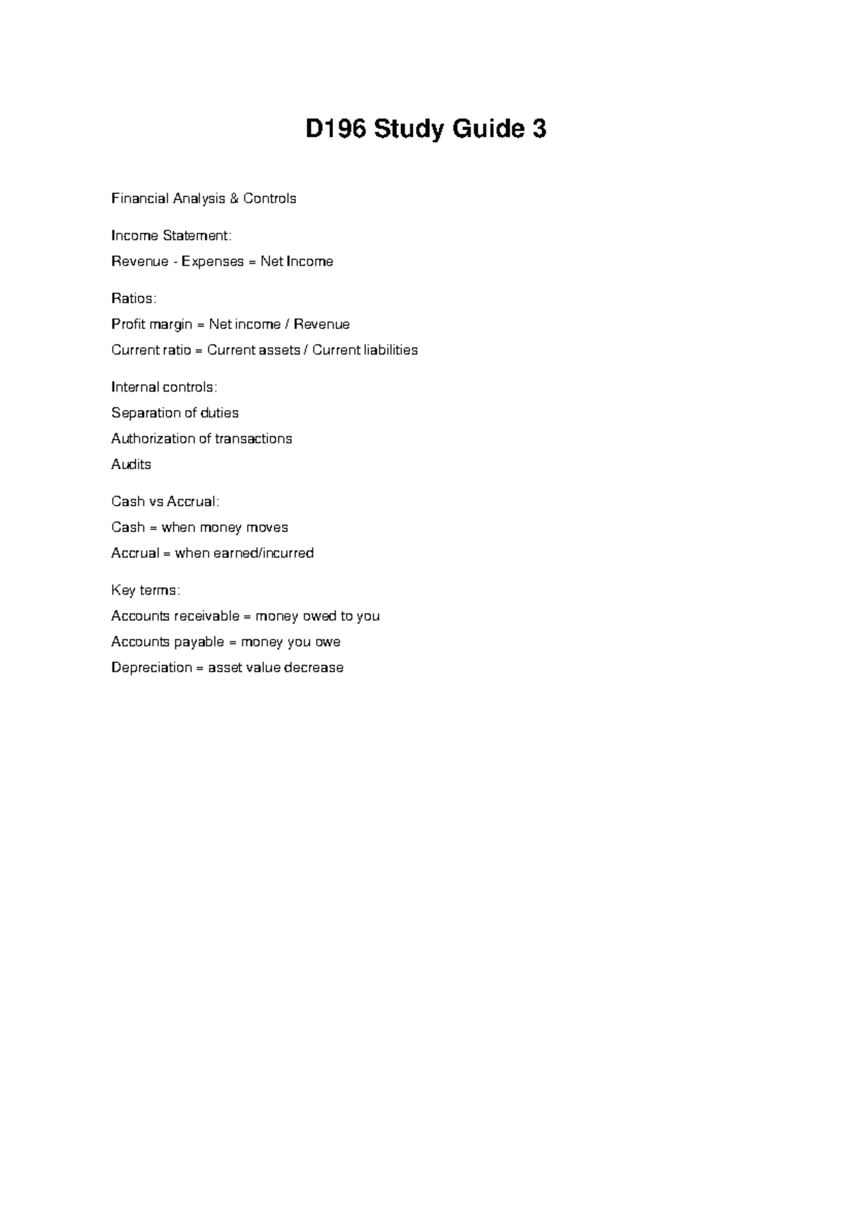 D196 Study Guide 3 - Financial Analysis & Controls - D196 Study Guide 3 ...