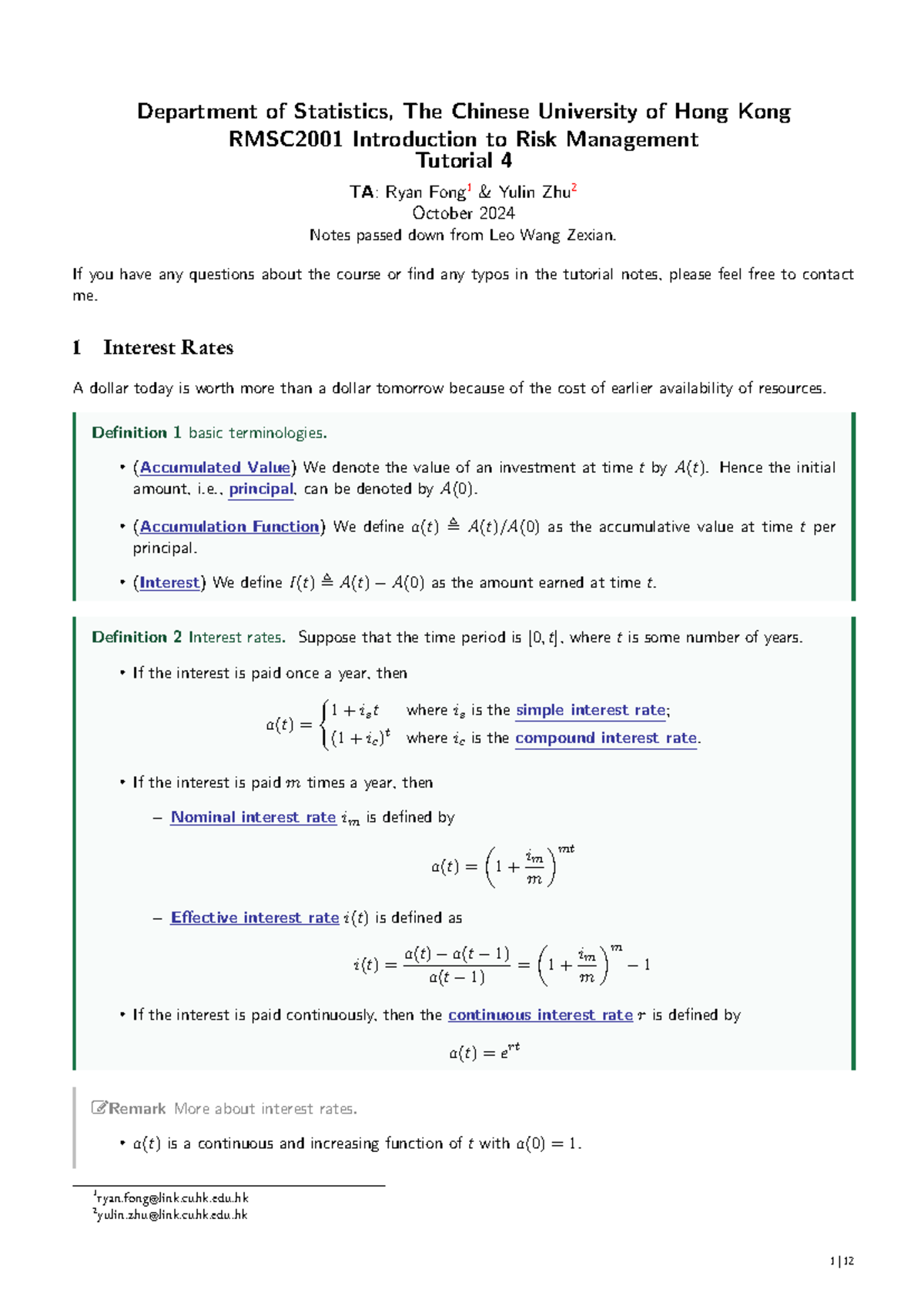 RMSC2001 Introduction to Risk Management Tutorial 4 Notes - Studocu