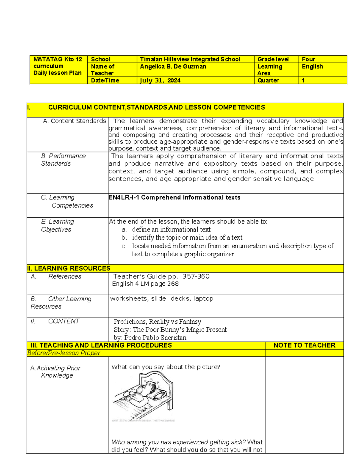ENG-DLP-W2 - Q1 Week 2 D1 - MATATAG Kto 12 curriculum Daily lesson Plan ...