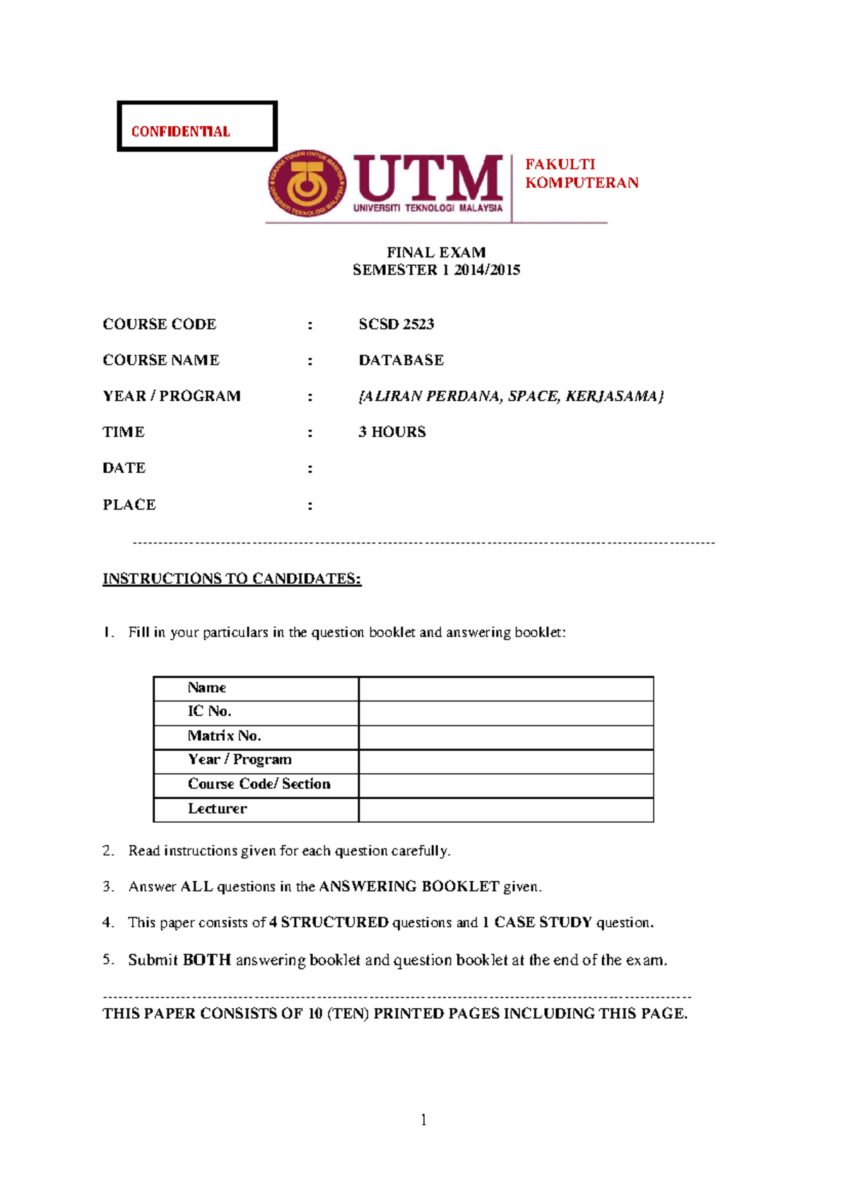 Final Exam SCSD 2523: Database Solutions for Semester 1 (2014-2015 ...