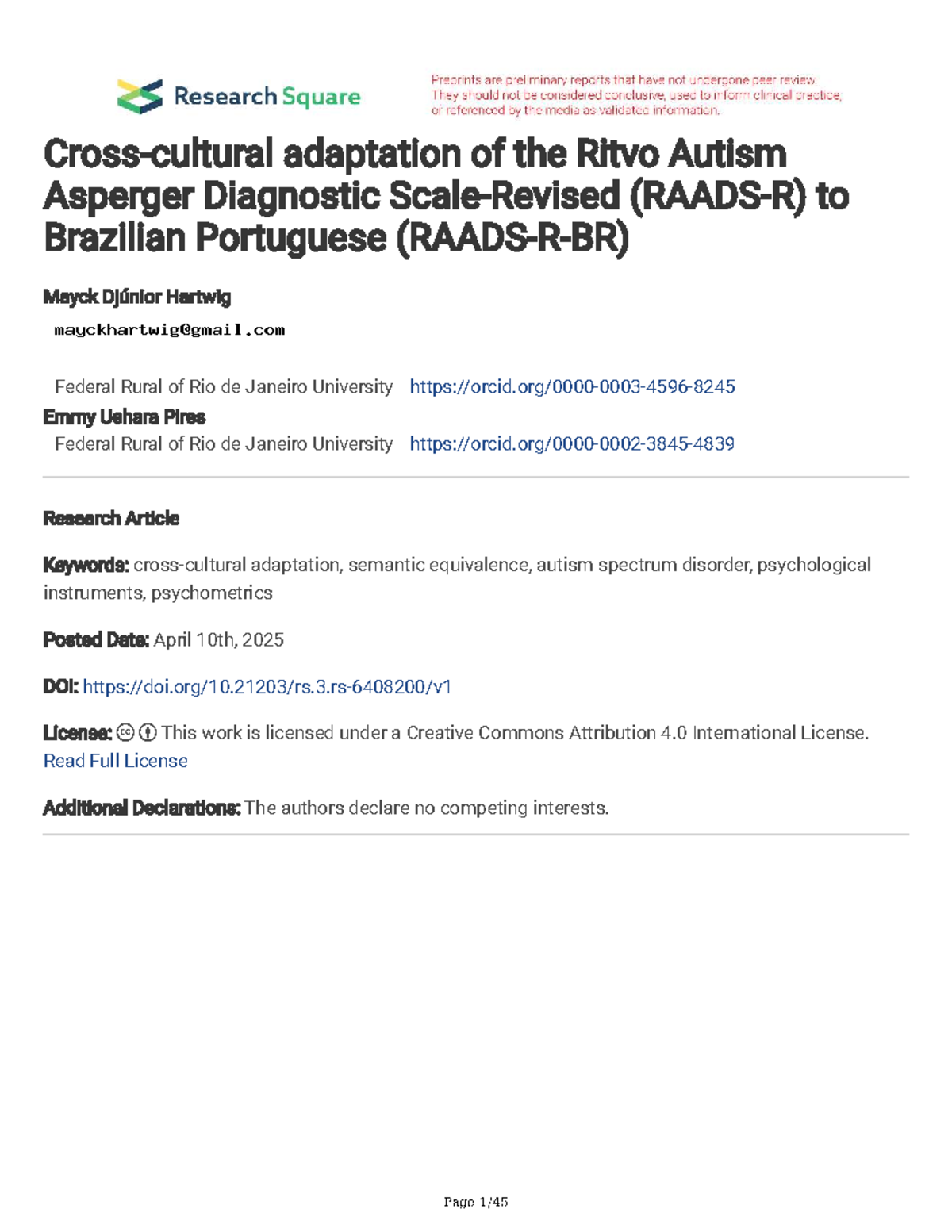 Adaptation of the Ritvo Autism Asperger Diagnostic Scale (RAADS-R) to ...