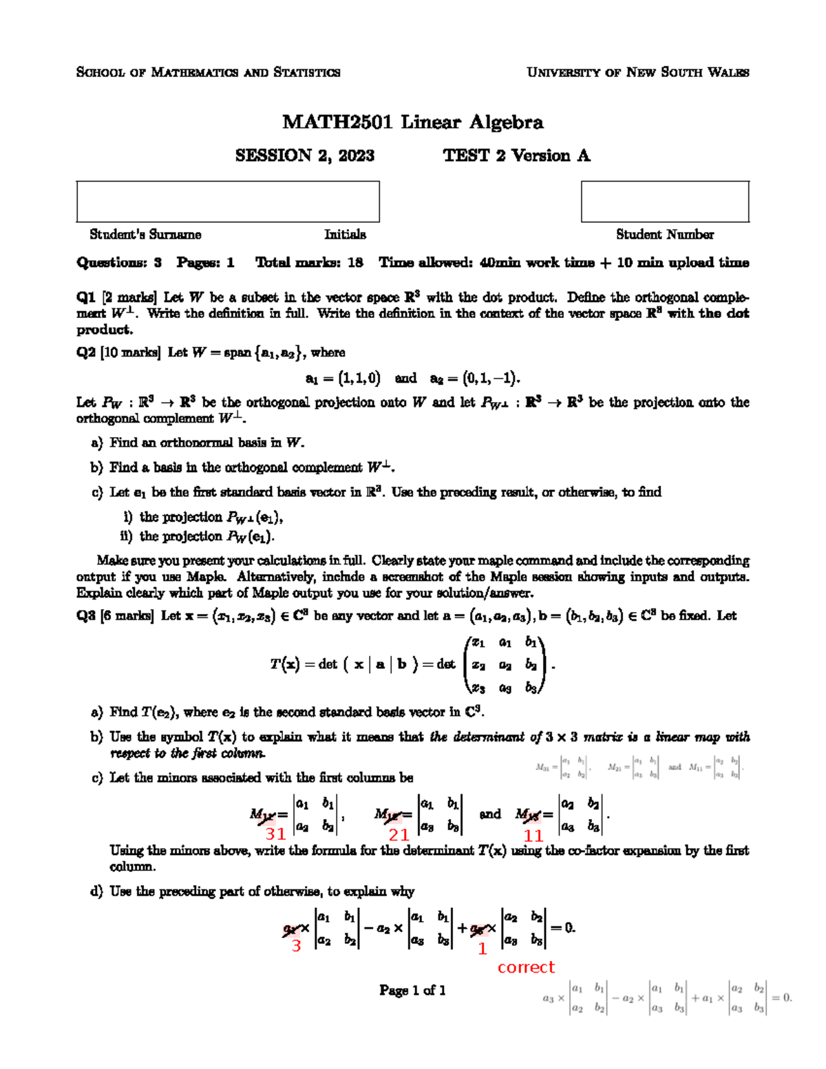 MATH2501 Test 2A 2023 - Linear Algebra Concepts and Problems - Studocu