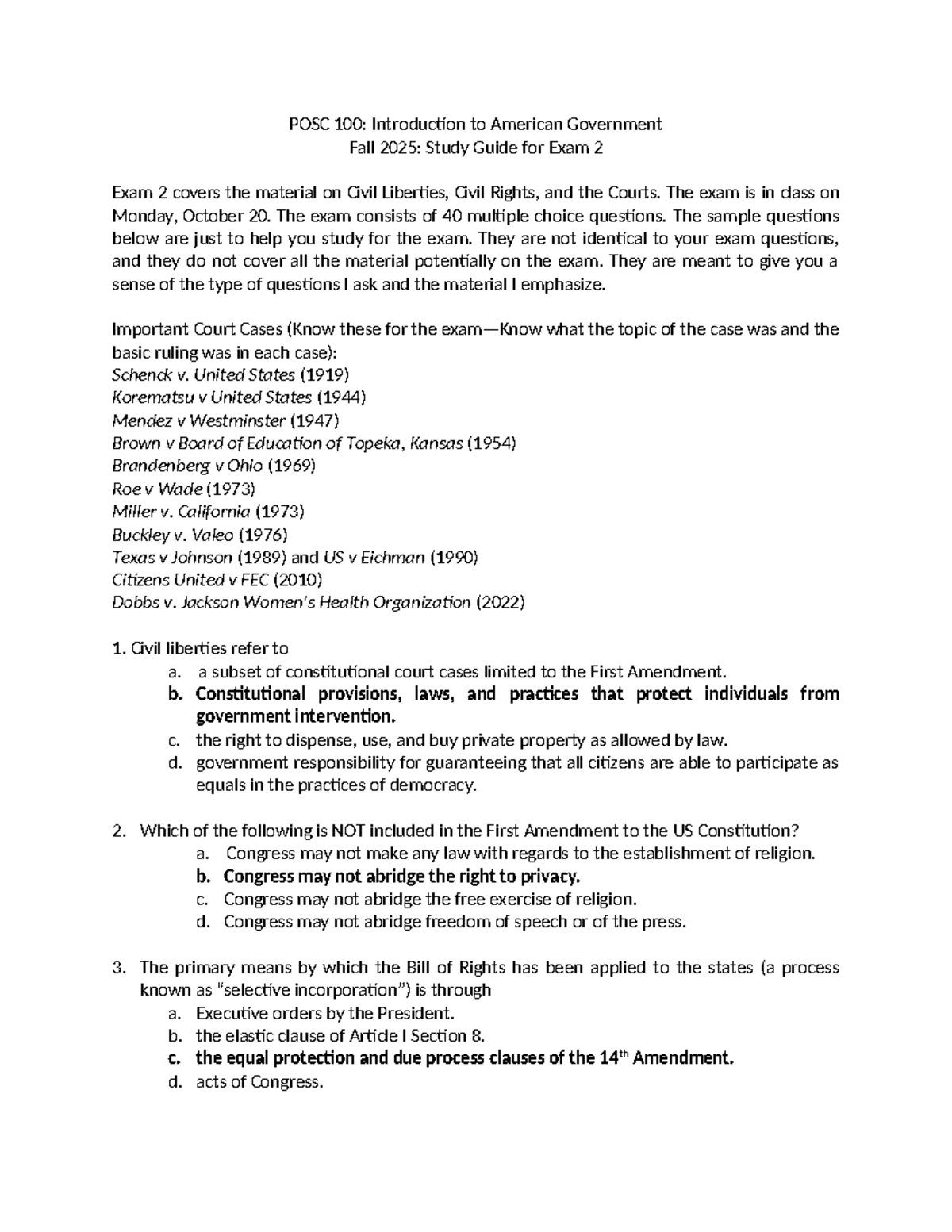 POSC 100: Exam 2 Study Guide on Civil Liberties & Rights - Studocu