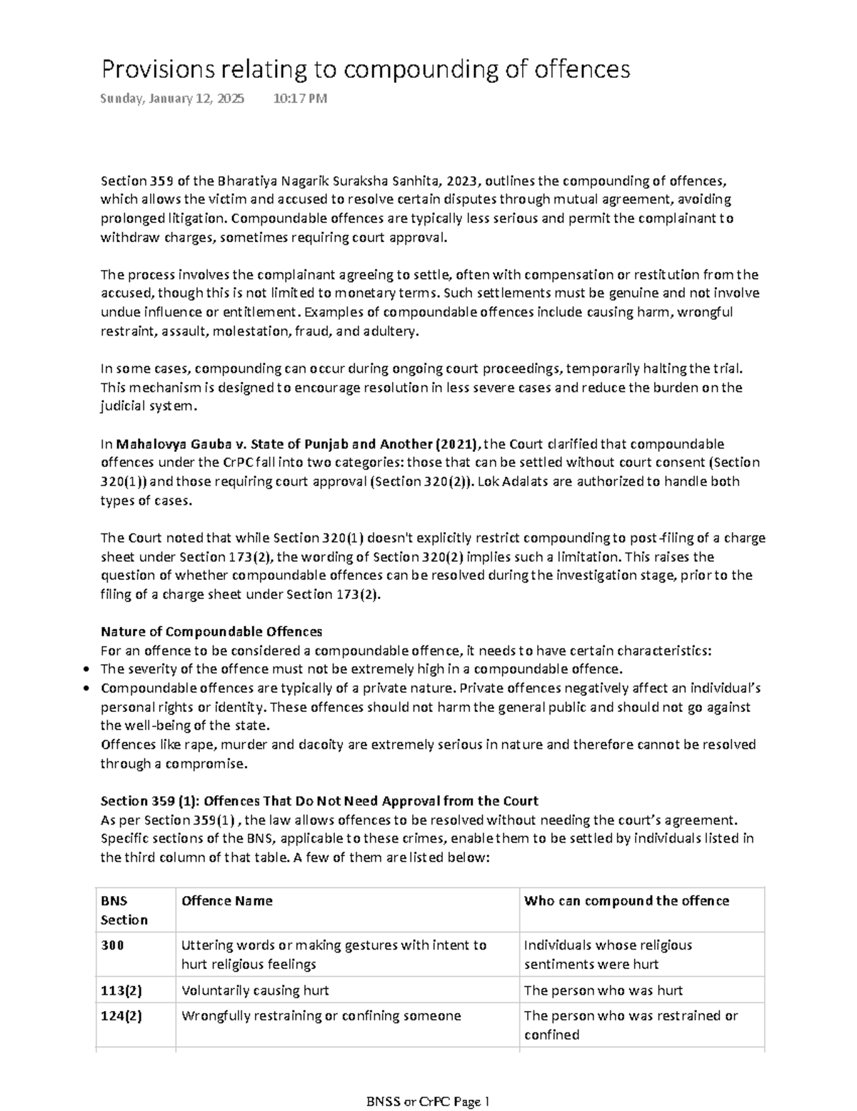 BNS 2023: Compounding of Offences - Key Provisions and Examples - Studocu
