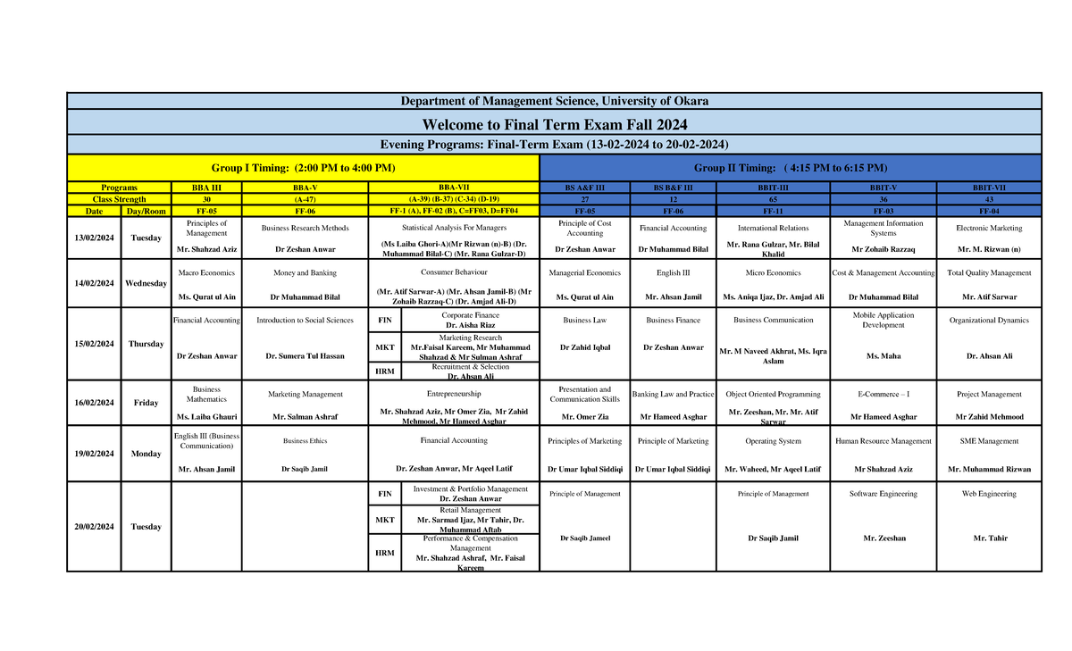 Evening Final Term Date Sheet Fall 2024 for BBA and BS Programs - Studocu