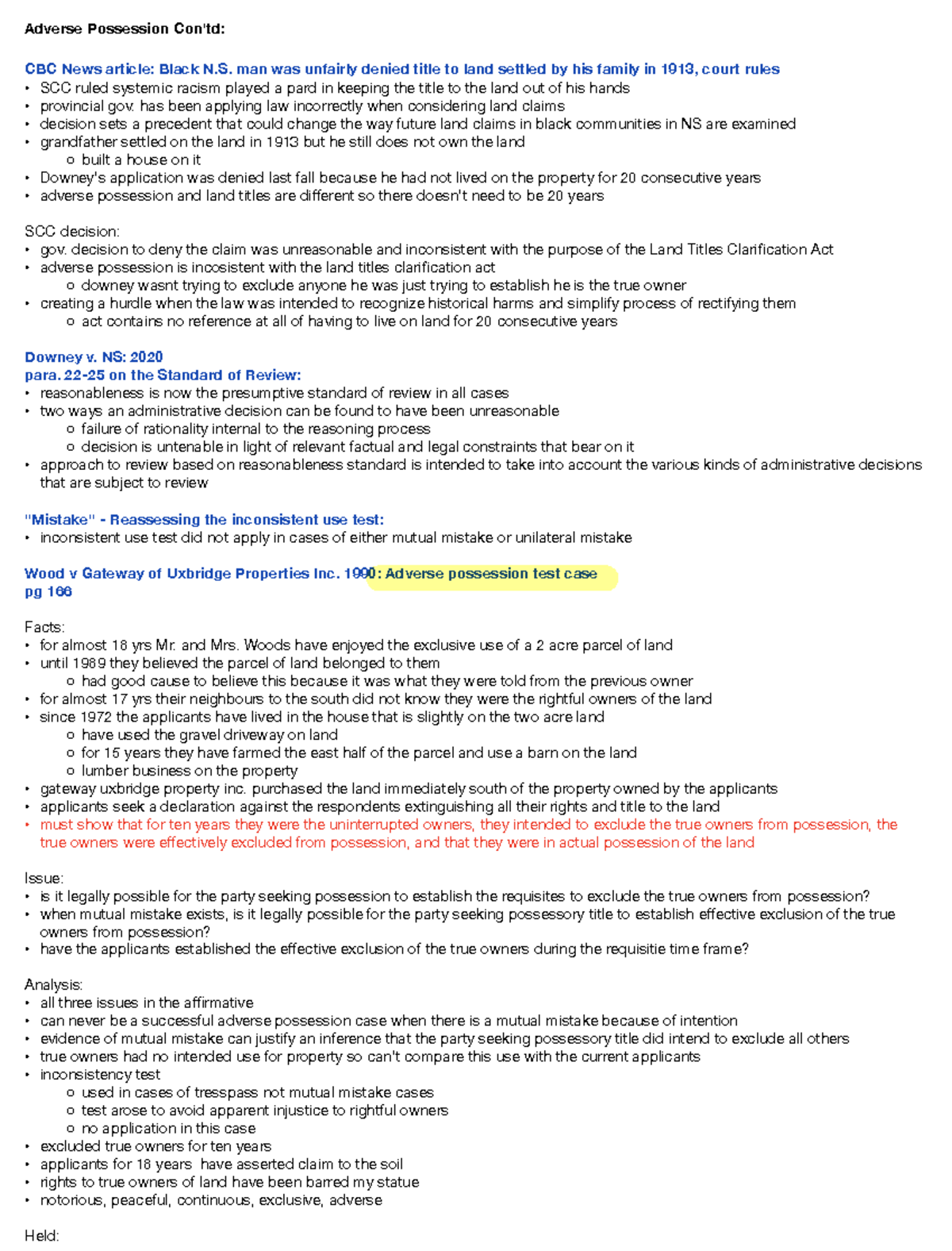 Adverse Possession Analysis - Week 4 Lecture Notes for Law 101 - Studocu