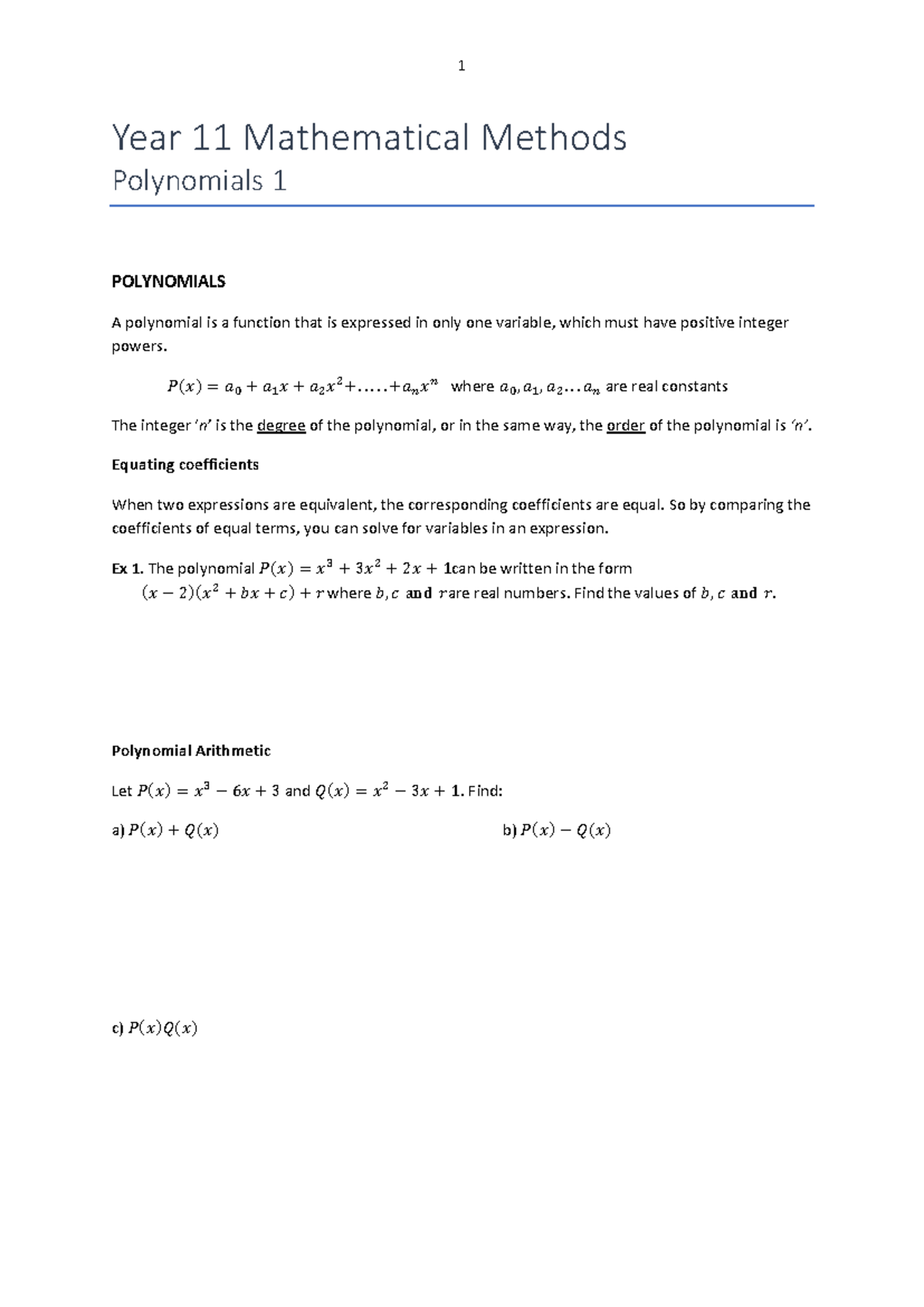Year 11 Mathematical Methods: Polynomials 1 & 2 Long Division - Studocu