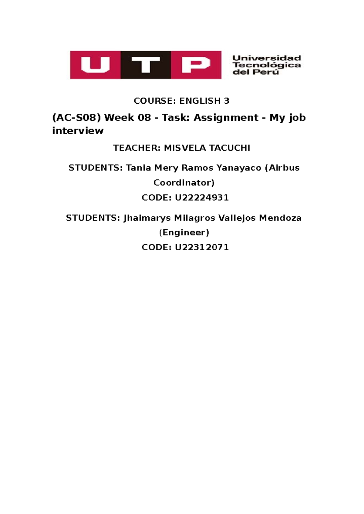 English 3 (AC-S08) Week 08 - Interview Assignment: My Job - Studocu