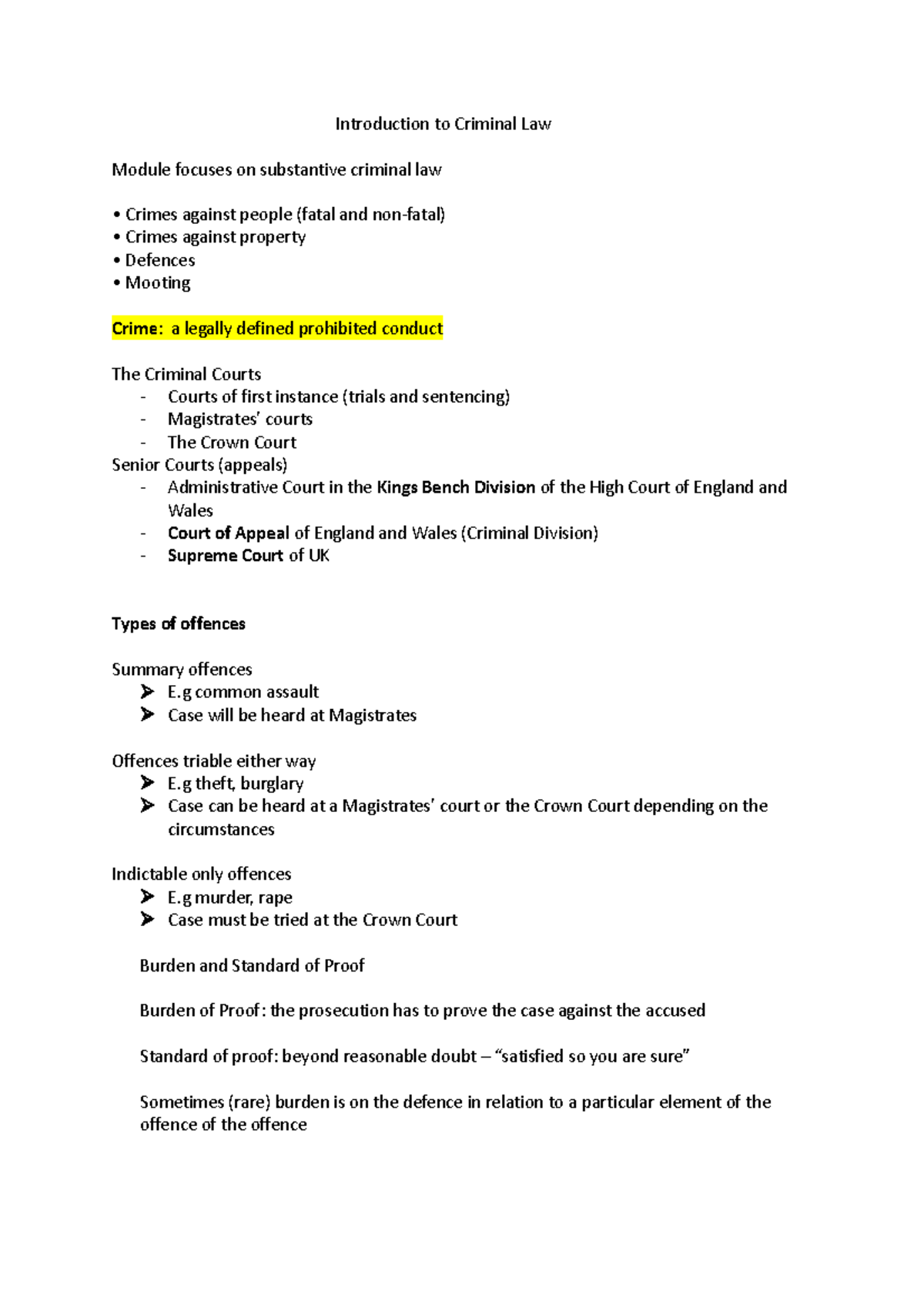 Introduction to Criminal Law - Lecture 1 Notes - Studocu