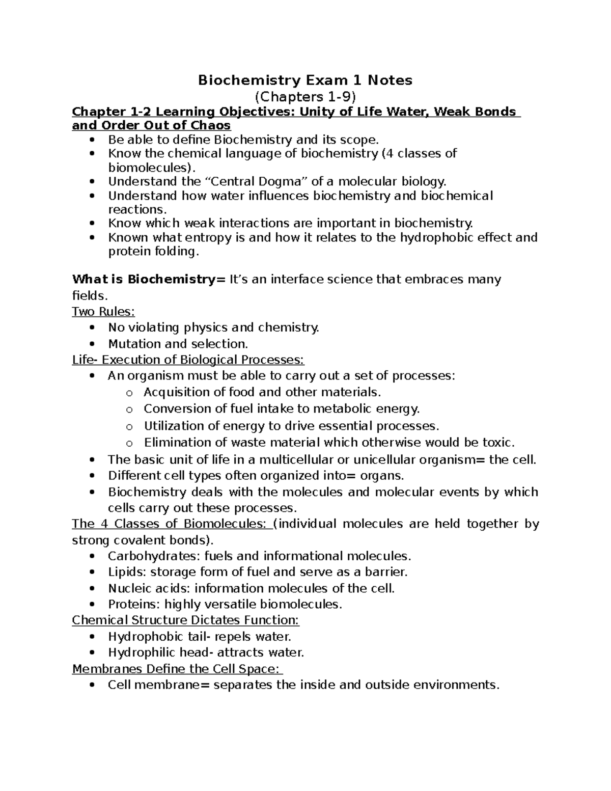 Biochemistry Exam 1 Notes (Chapters 1-9) Study Guide - Studocu
