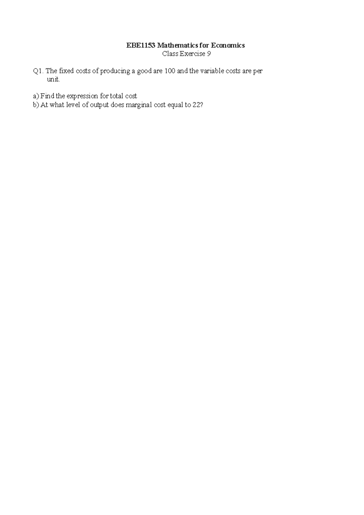 EBE1153 Class Exercise 9 - Simple Math Problems in Economics - Studocu