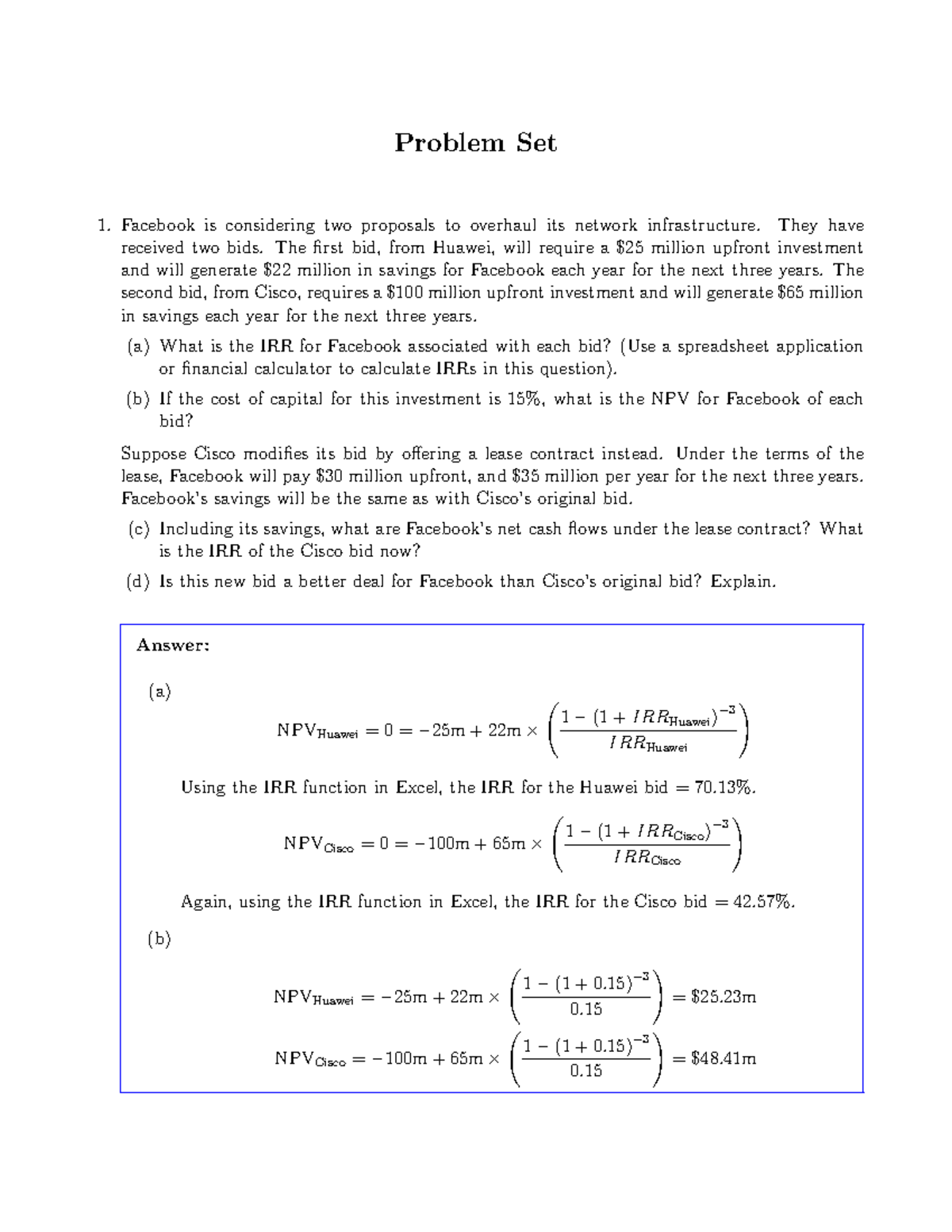 FN2191_1.1 Investment Decisions Problem Set Solutions and Analysis ...