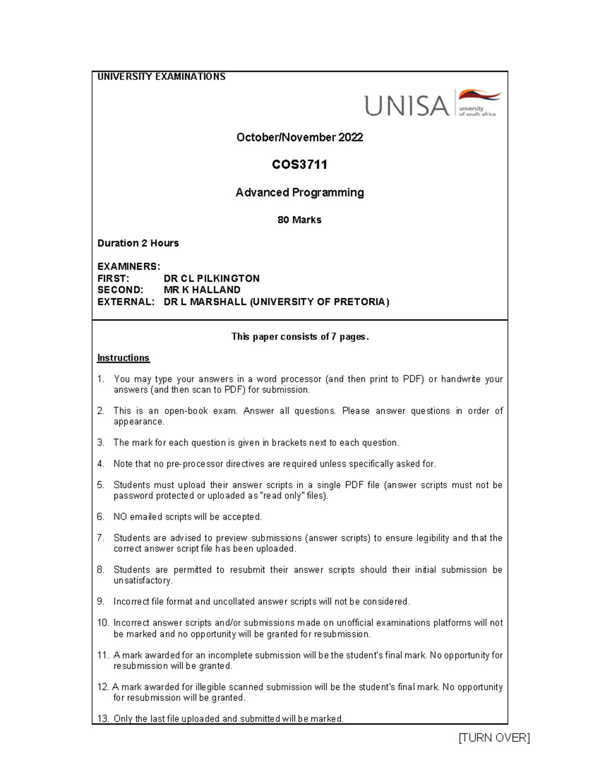 COS3711 2022 Final Exam Question Paper on Advanced Programming - Studocu