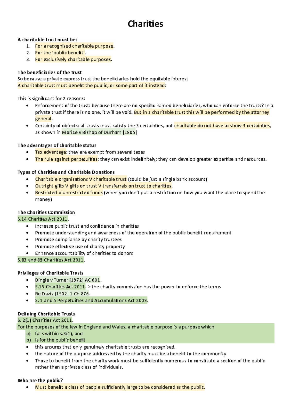 Charities - Study Notes on Charitable Trusts and Legislation - Studocu