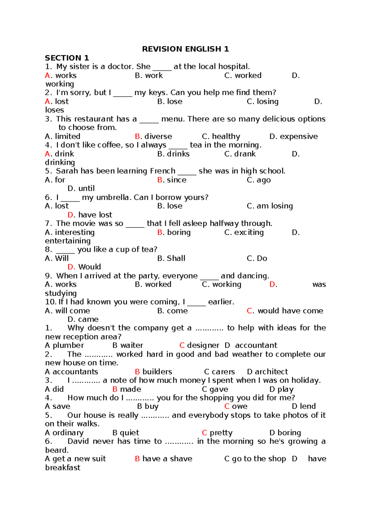 Revision - English 1: Practice Questions and Answers - Studocu