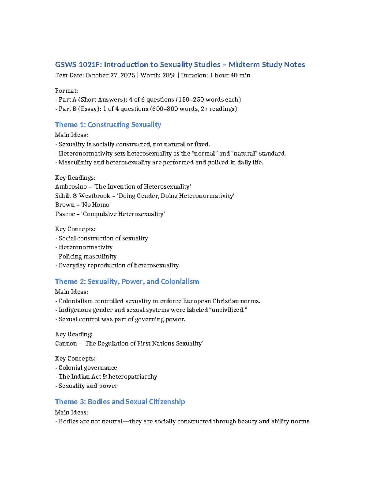 GSWS 1021F: Midterm Study Notes on Sexuality Studies - Studocu