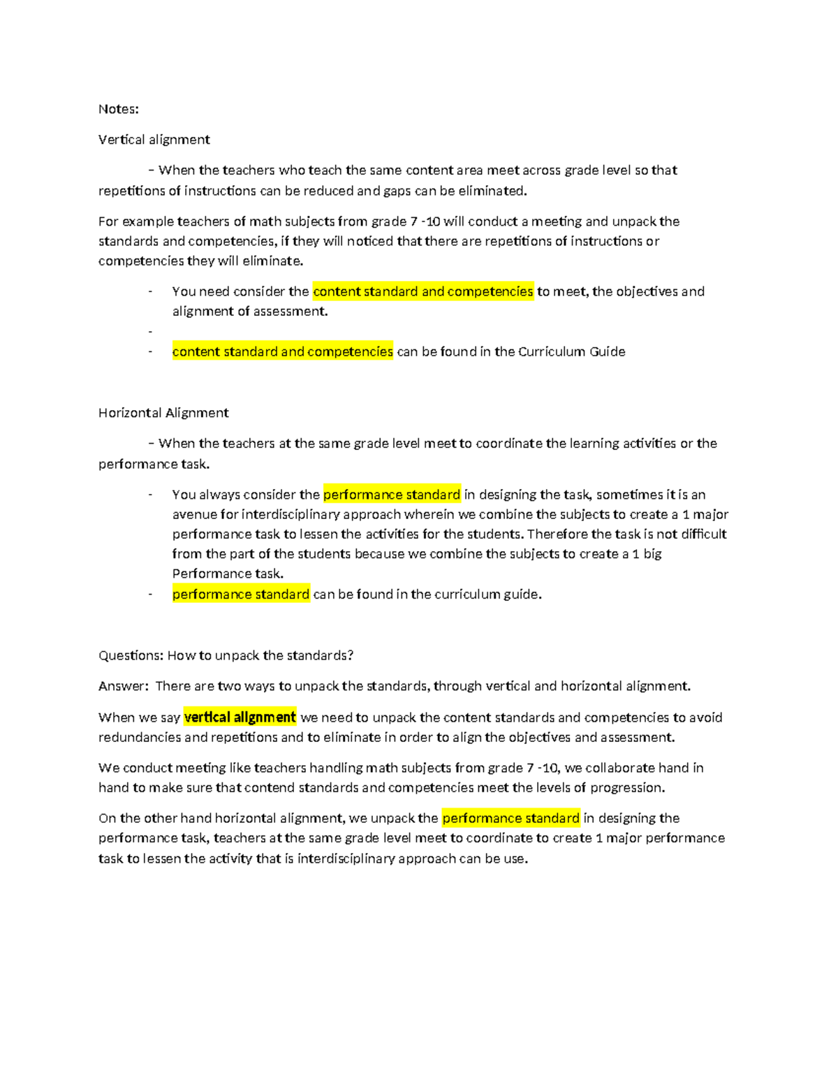 Notes Unpacking of standards - Notes: Vertical alignment - When the ...