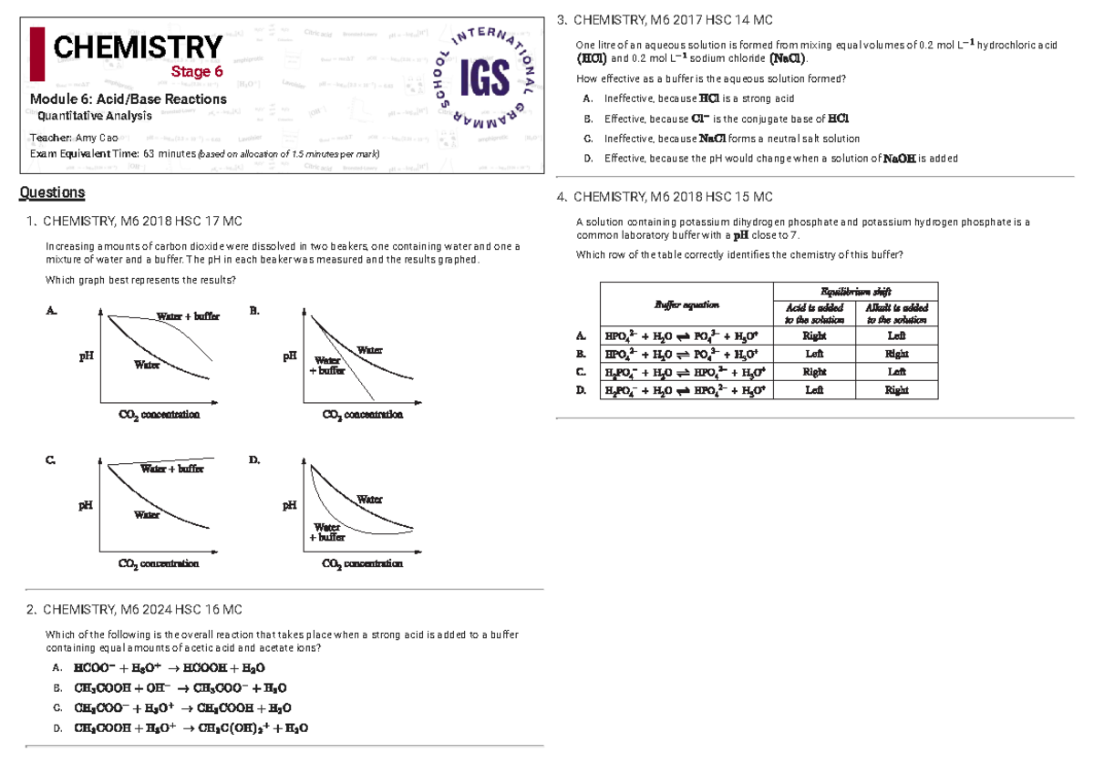 HSC Chemistry M6 Ka, Kb & Buffer Questions with Answers - Studocu