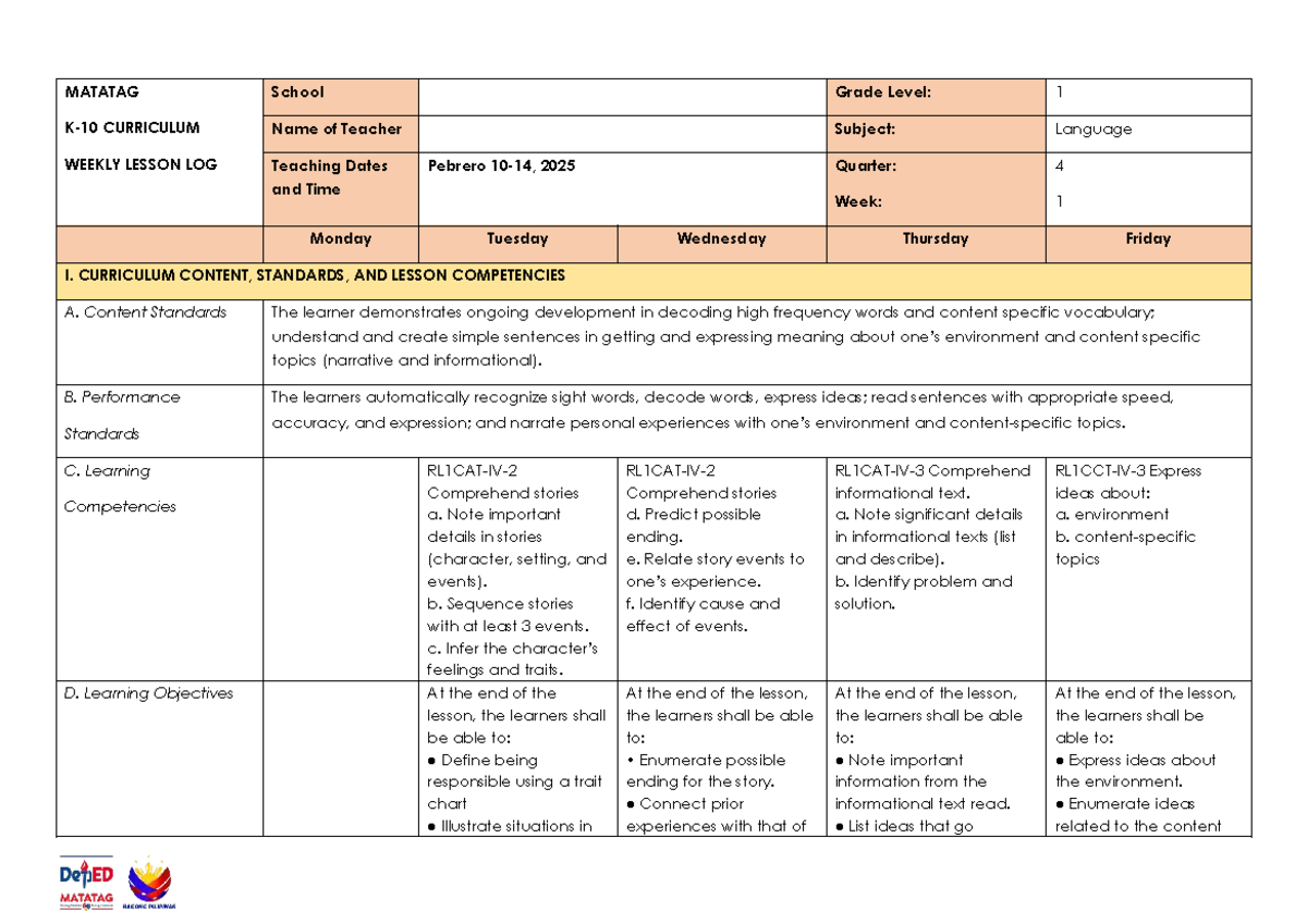 MATATAG Grade 1 Language Weekly Lesson Log: Being Responsible (Q4 W1 ...