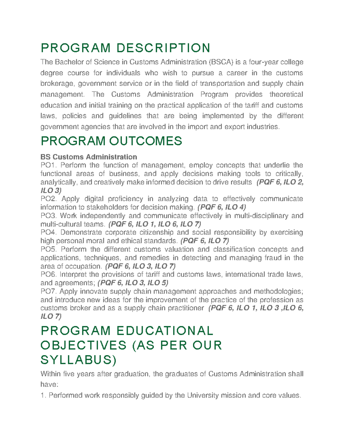 BSCA Program Description: Objectives & Graduate Outcomes - Studocu