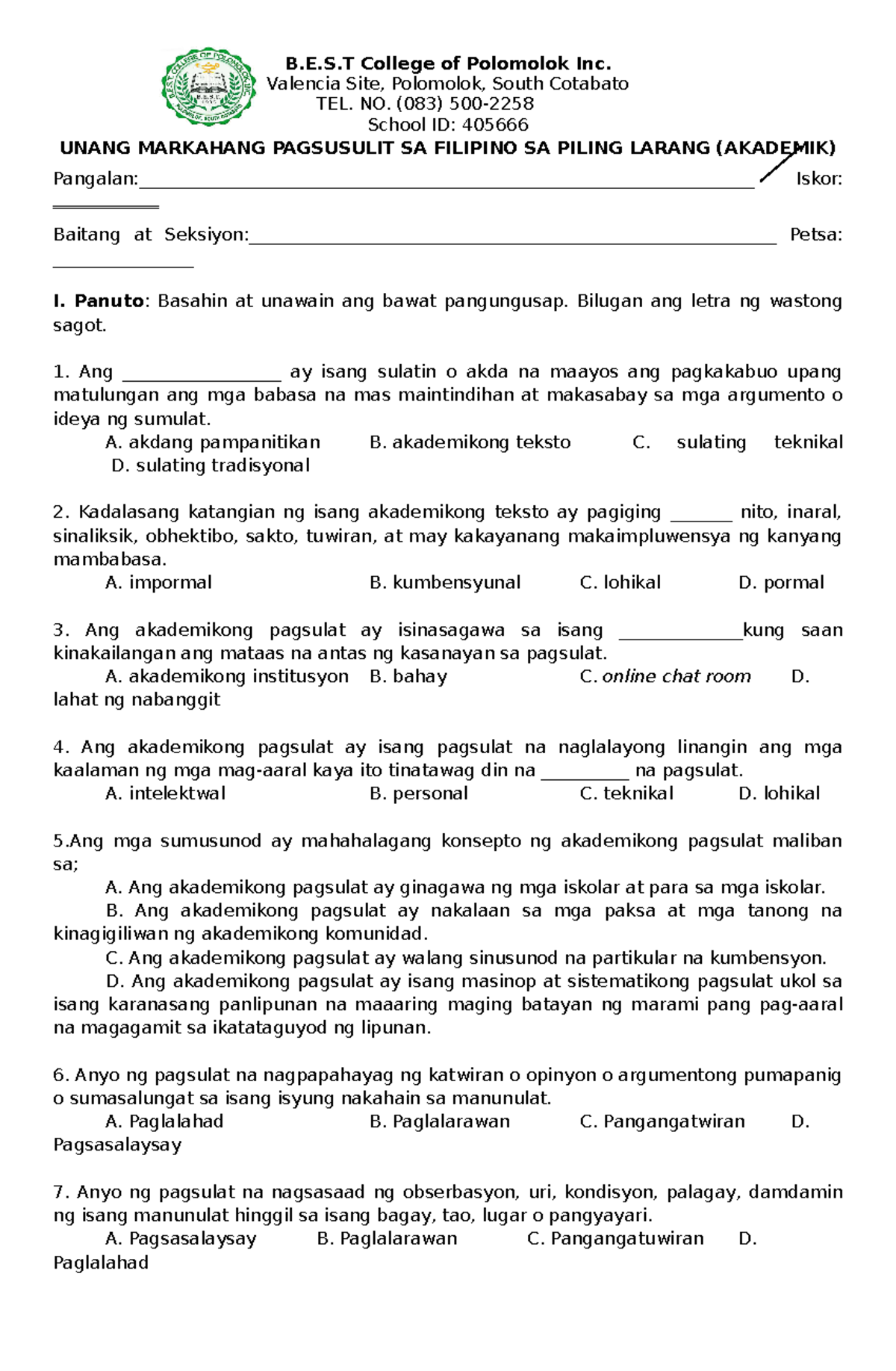 12-Humss - Unang Markahang Pagsusulit sa Filipino: Sample Test Paper ...