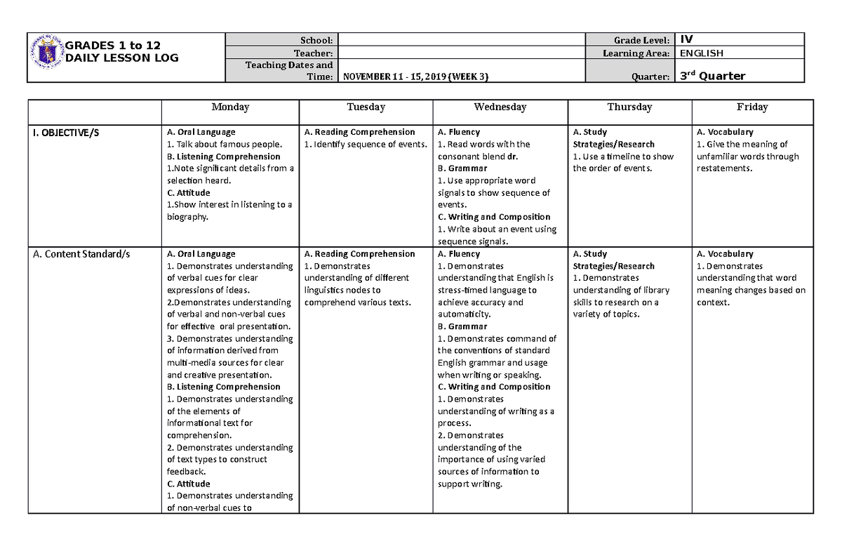 Grade 4 DLL English 4 Q3 Week 3 - GRADES 1 to 12 DAILY LESSON LOG ...
