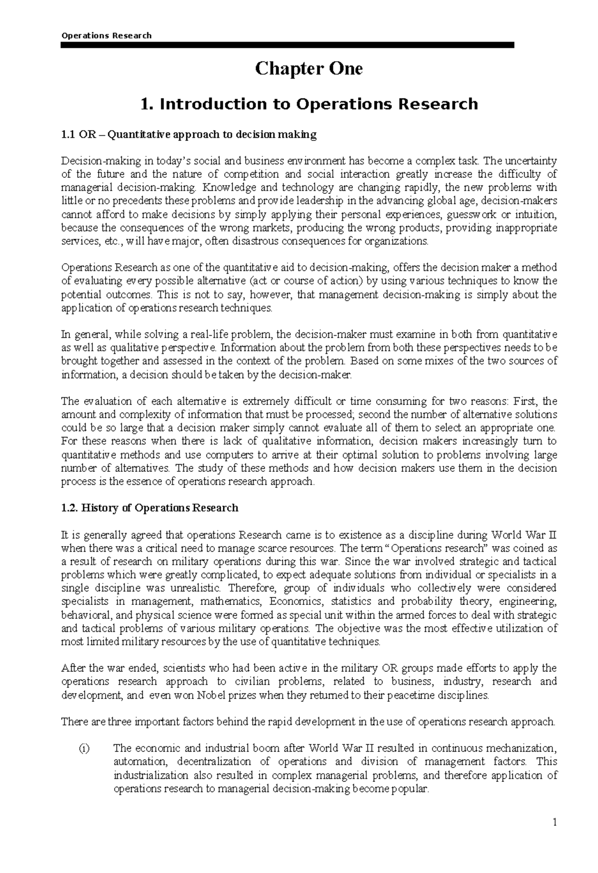 OR 084107: Chapter One - Introduction to Operations Research - Studocu