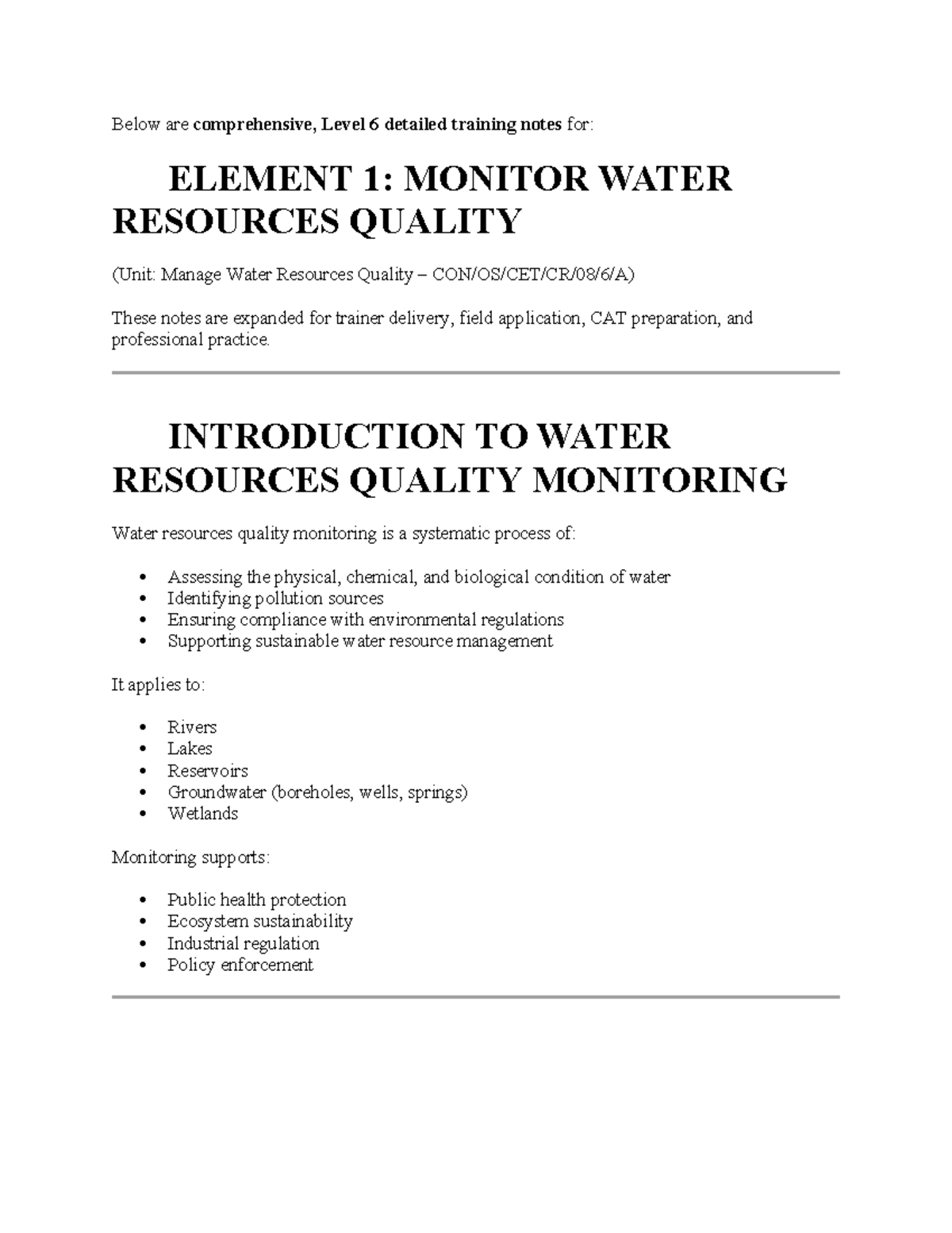 Level 6 Training Notes: Monitoring Water Resources Quality (Unit) - Studocu