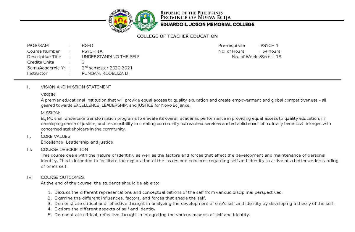 Understanding-syllabus - COLLEGE OF TEACHER EDUCATION PROGRAM : BSED ...