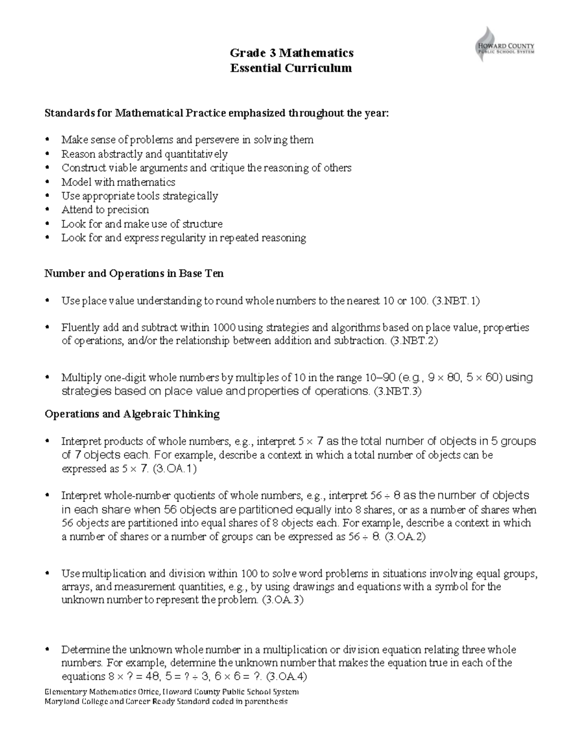 Grade 3 Math Curriculum Standards Overview and Practices - Studocu